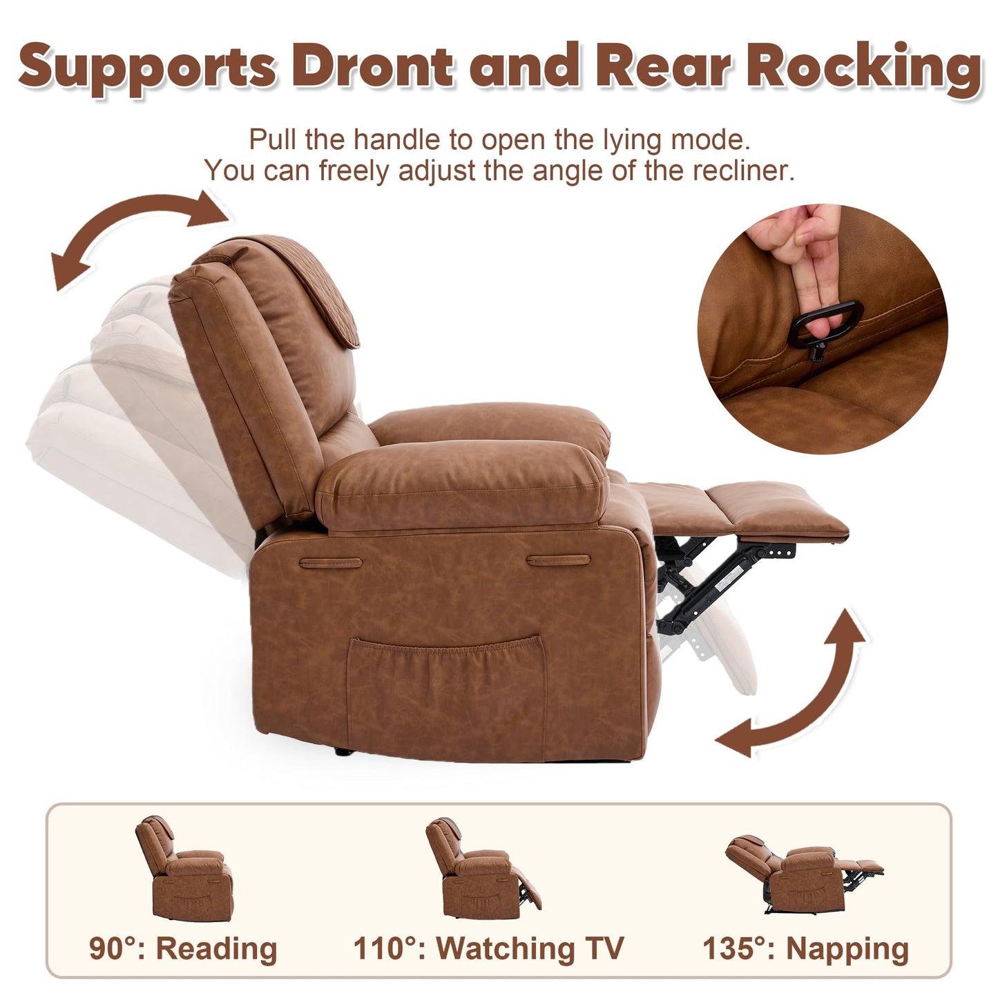 Adult Manual Recliner with Heating and Massage Functions (135° Front and Rear Adjustment) - Equipped with Side Storage Pockets and Remote Control, Suitable for Living Room and Bedroom(Brown)