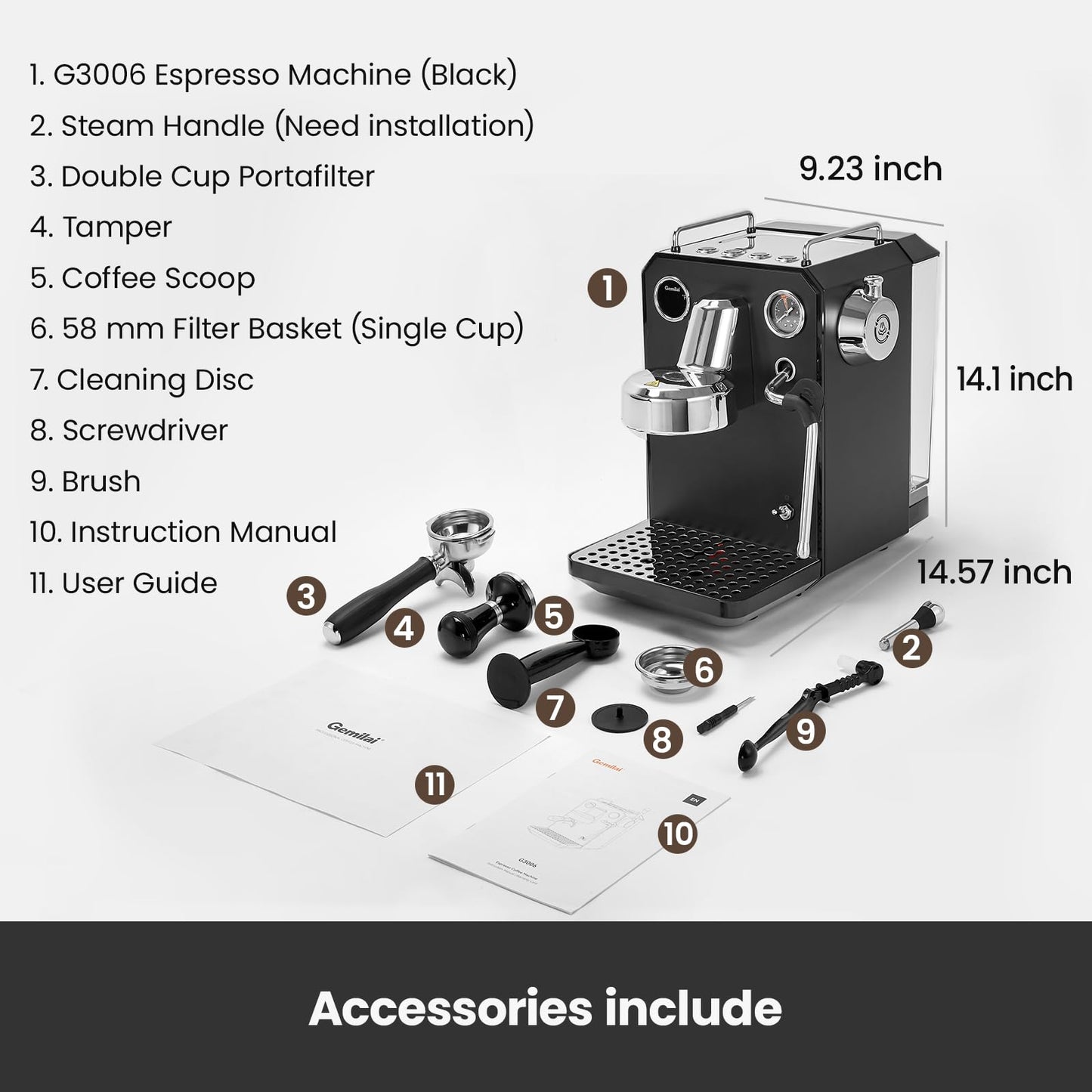 Gemilai Owl G3006 Home Espresso Machine, 58mm Commercial Group Head & PID Temp Control, Stainless Steel Coffee Maker for Barista-Quality Latte Art, Cappuccino Dual Data Display Black