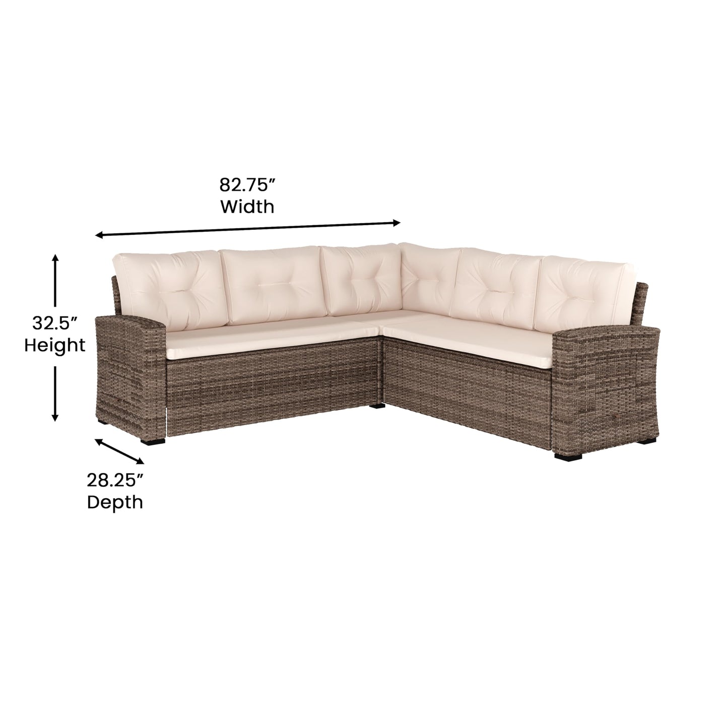 Flash Furniture Huck Wicker Rattan Conversation Set, Versatile Indoor/Outdoor Use, L-Shaped Sofa and Dining Table, Weather-Resistant Cushions, Beige/Brown