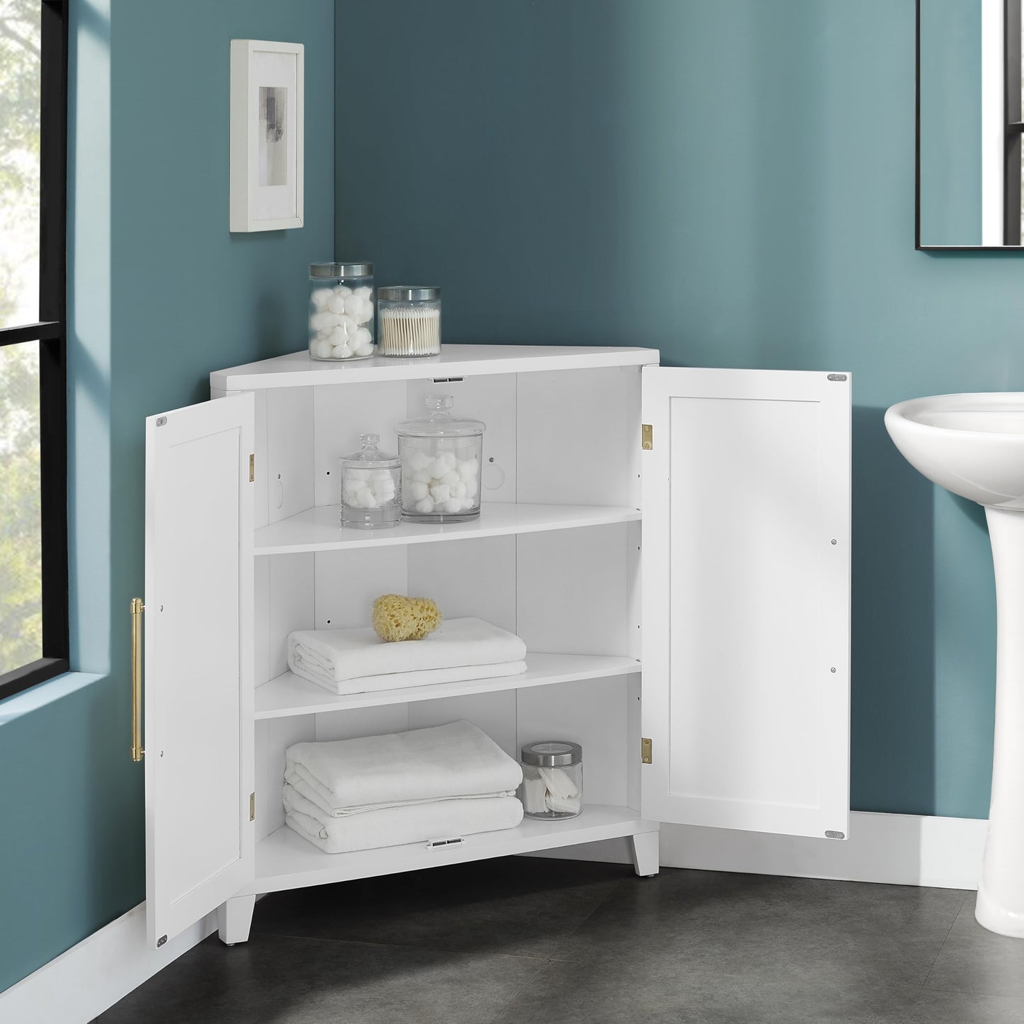 Crosley Furniture Roarke Stackable Corner Pantry Storage Cabinet with Shelves, Kitchen, Dining, Laundry, White