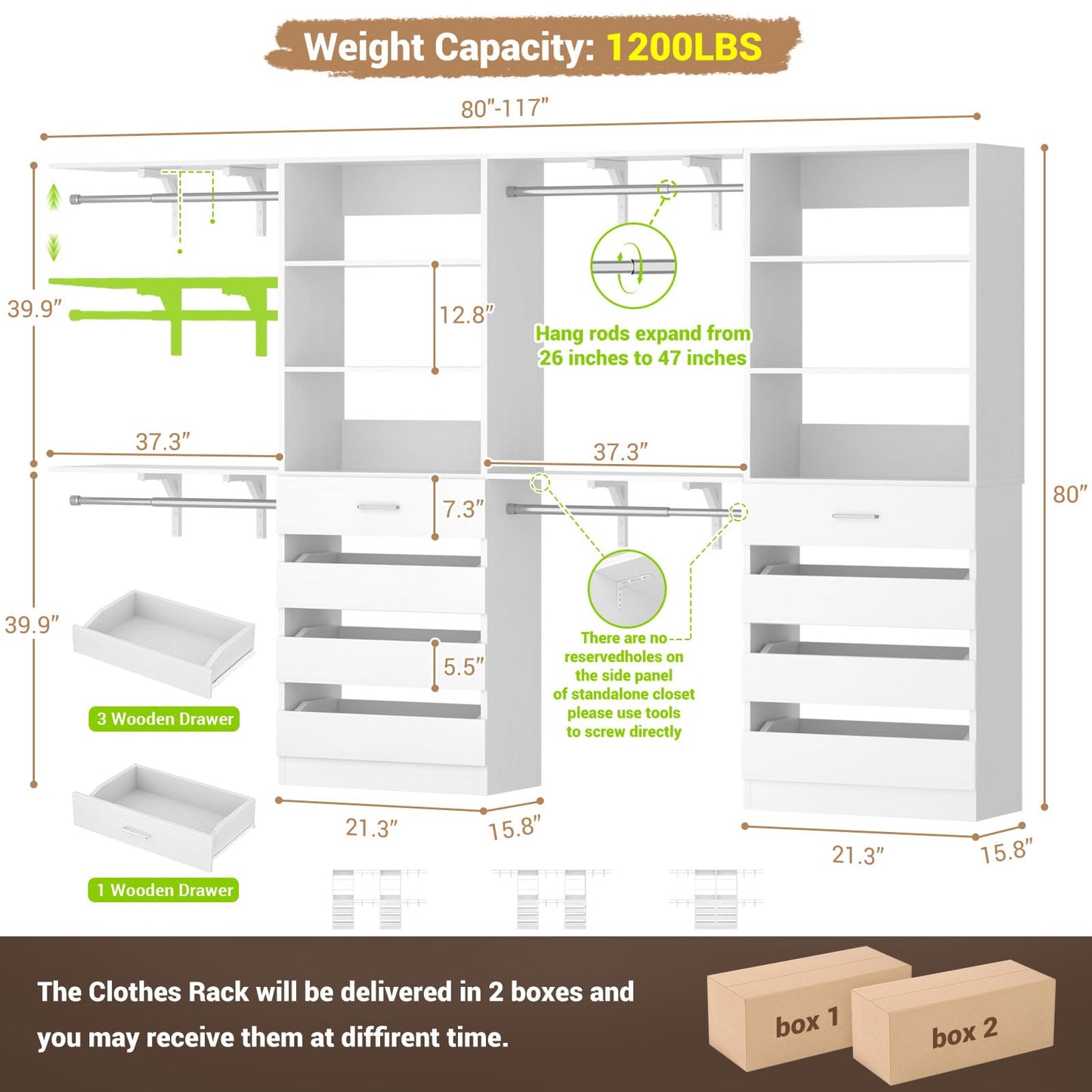 Aheaplus Closet System with 8 Wooden Drawers, Wood Closet Organizer System with Tower, Walk-in Closet Organizer Wardrobe Clothes Rack with 4 Hanging Rods, Garment Rack, Cut to Fit 7-12Ft, White