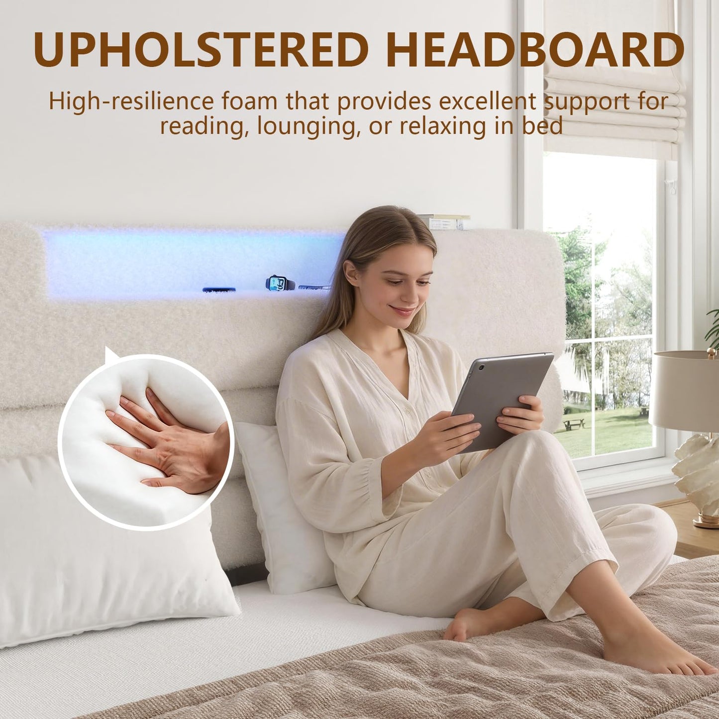 Queen Bed Frame with Upholstered Headboard, Boucle Platform Bed Frame with LED Lights and Charging Station, Type C& 2-Tier Storage Shelves, Modern Bedroom Furniture, No Box Spring Needed, Beige