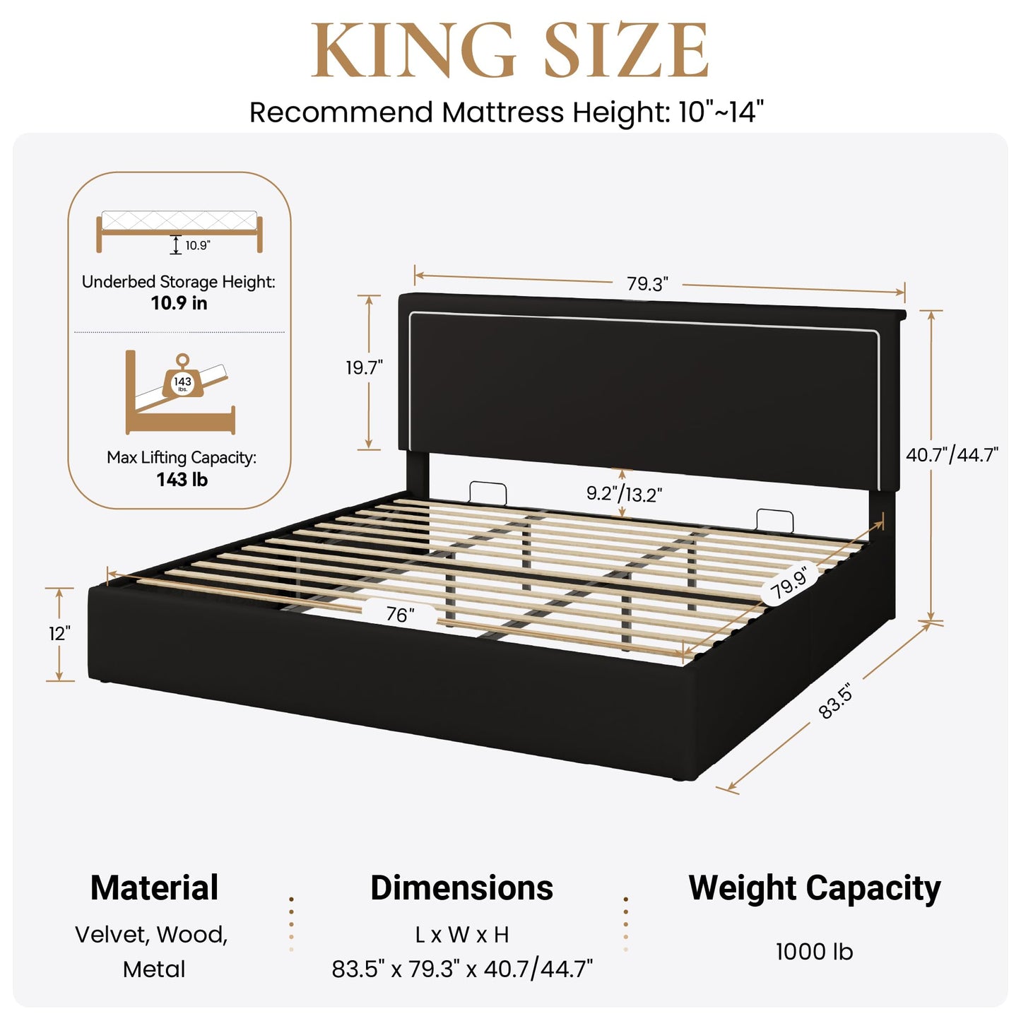 SHA CERLIN King Size Hydraulic Lift-Up Storage Platform Bed Frame with Charging Station, RGB LED Lights, Adjustable Velvet Headboard, USB-A and USB-C Ports, No Box Spring Needed, Black