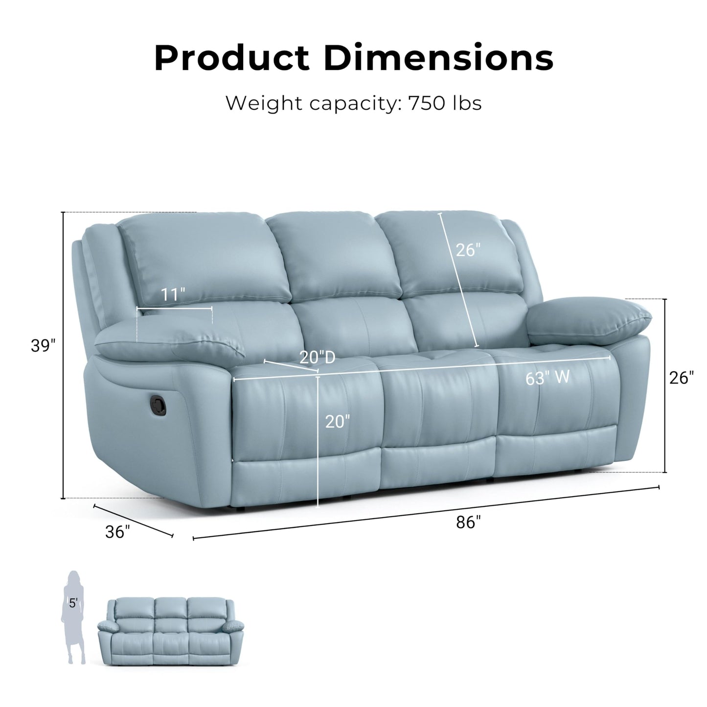 Furniture of America Sorin Modern Leather Recliner Sofa with Pillow Armrests and High Density Foam, Reclining Sectional Couch for Living Room, Office, Home Theater, FSC Certified, Blue