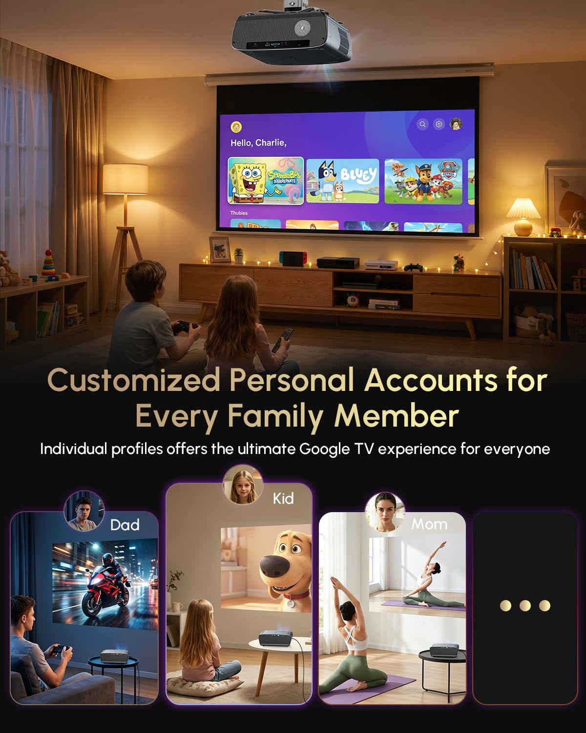 Smart Projector 4K with Google TV, 2400 ANSI Lumens Daytime Viewing, HDR10, NFC, WiFi 6,Bluetooth 5.4, DB Audio, HDMI ARC 2.1,Auto Focus&Keystone,Zoom,Ceiling Mount Home Theater Movie&Gaming Projector