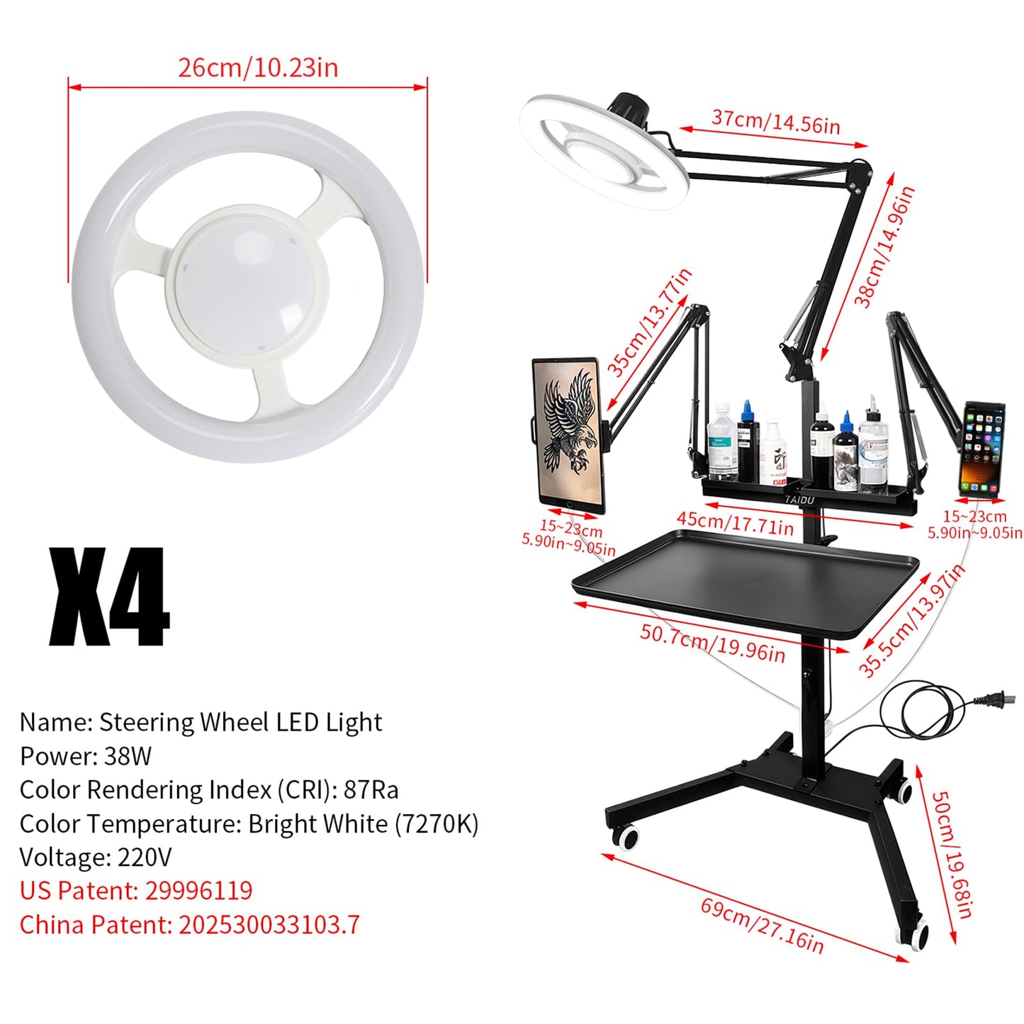 Upgraded multi-functional tattoo workbench, featuring added sockets, ultra-bright LED lights, tattoo tray trolley