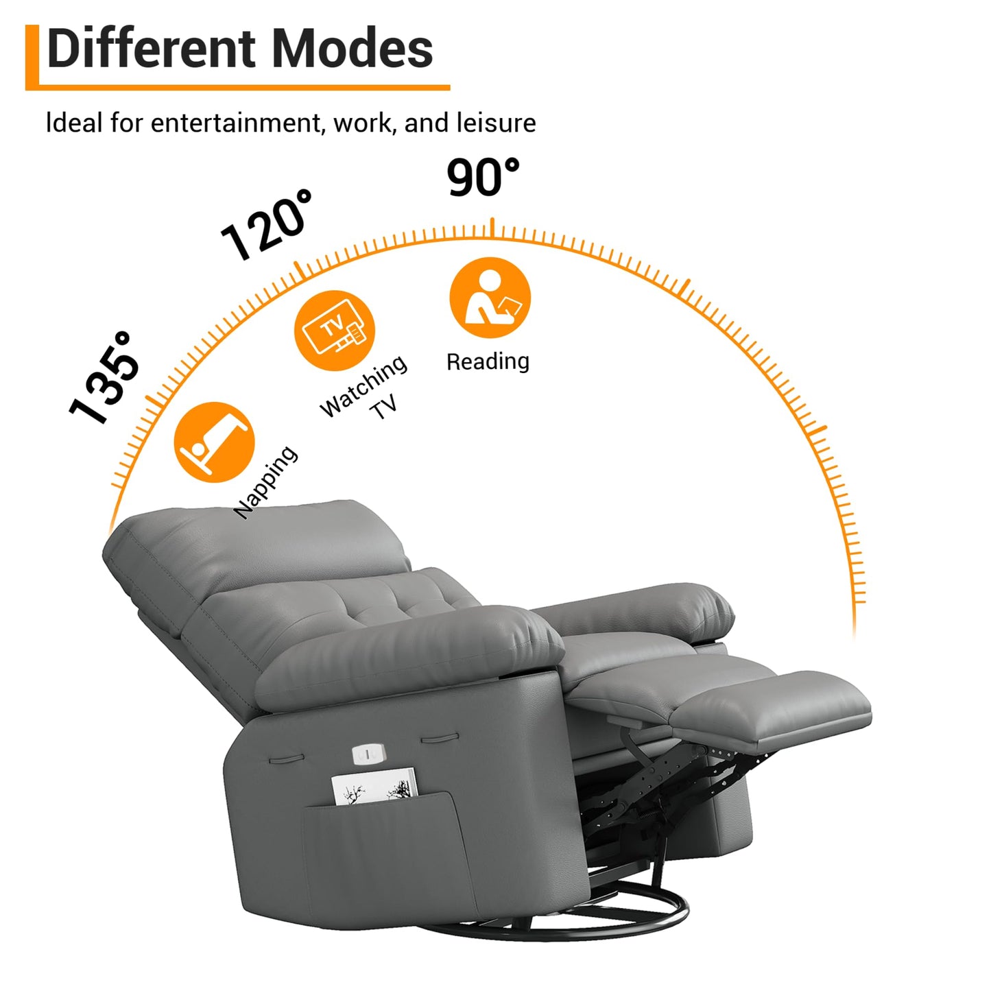 Oversized Recliner Chair with Massage, PU Leather Ergonomic Power Swivel Rocker Recliner with Side Pocket & 1.5X Sponge Filling for Living Room, Nursery, or Bedroom, Grey