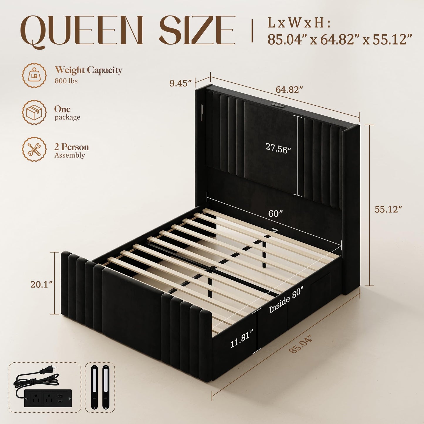 Uteeran Queen Bed Frame with 55.1" Tall Headboard, Velvet Upholstered Platform Bed with Channel Tufted Wingback, 2 Reading Lights/Storage Shelf/Charging Station/Easy Assembly/Noise-Free, Black