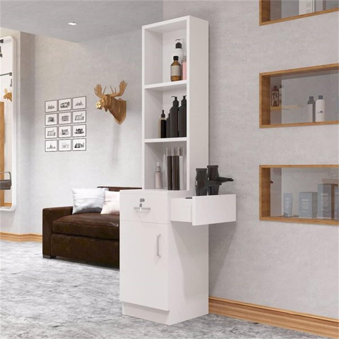 CUIYMXSC Barber Stations, Salon Stations for Hair Stylist, Hair Styling Salon Equipment Barber Supplies Organizer Cabinet Barbershop Furniture, with Storage Cabinet, Drawers and Tier Shelf
