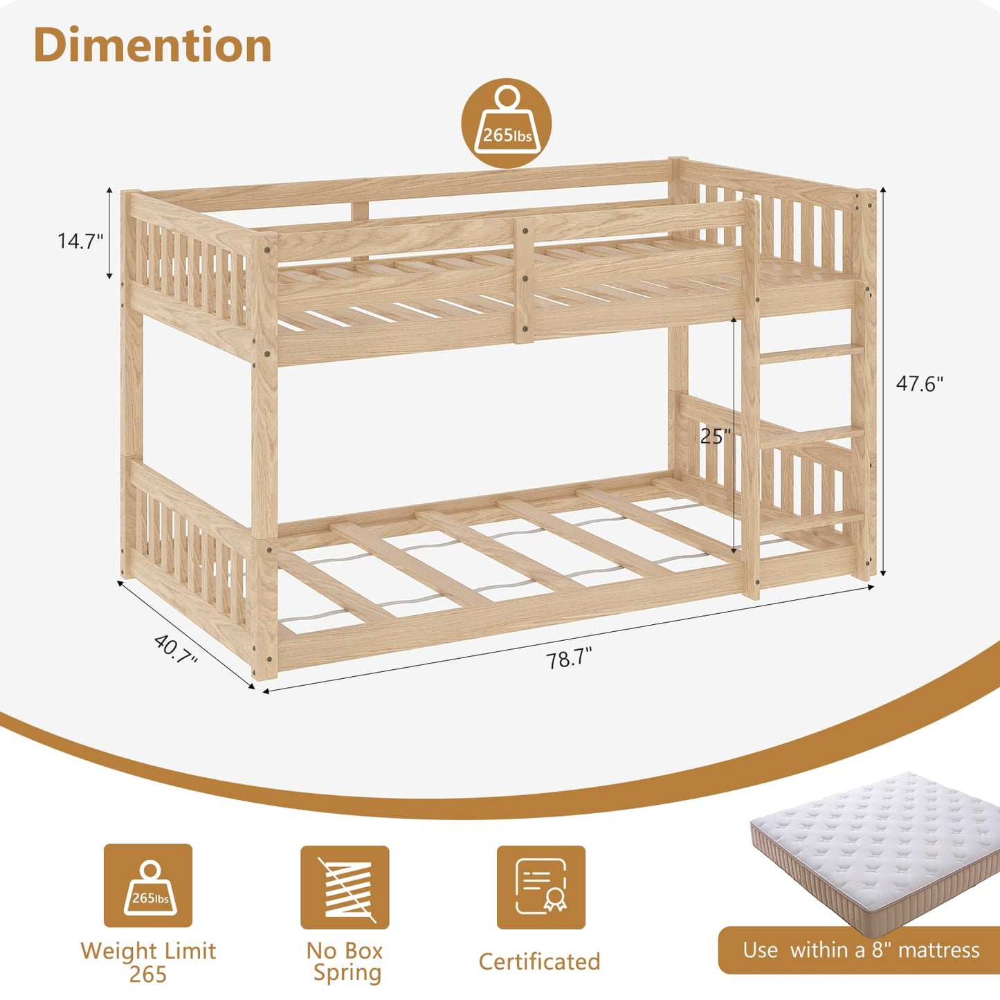 JOYMOR Low Twin Over Twin Bunk Bed for Kids/Junior, Wood Twin Bunk Bed Frame with Guardrails & Ladder for Boys Girls, Mattress Not Included