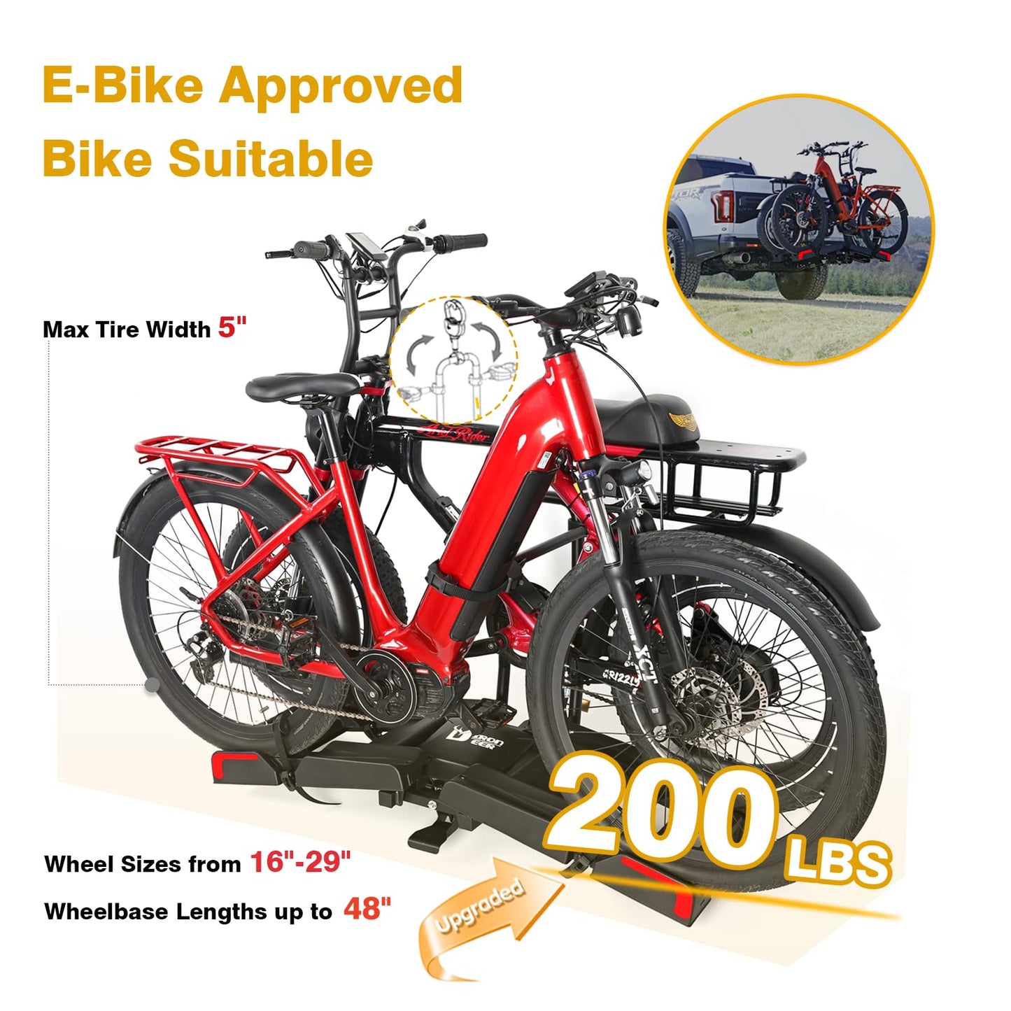 Eco Pro Upgraded 200lbs EBike Rack with Ramp for 2 E-Bikes, Hitch EBike Rack for Cars SUVs Trucks, Foldable Tilting Bike Rack Platform for Tow Hitch 2" Receiver, E-Bike Carrier Fits up to 5" Fat Tire