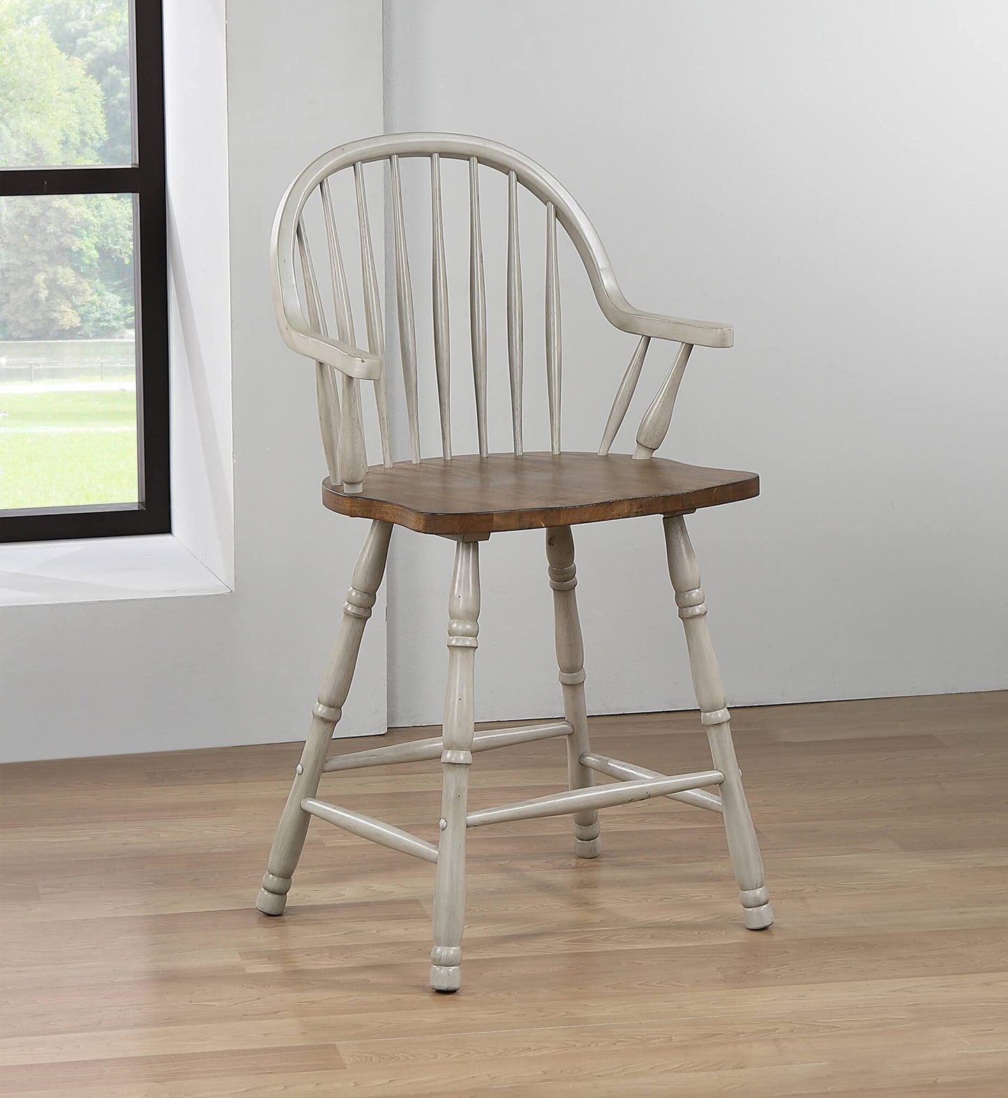Sunset Trading Country Grove 24" Windsor Barstools with Arms | Counter Height Stools with Backs and Armrests | Distressed Gray and Brown Solid Wood | Set of 2