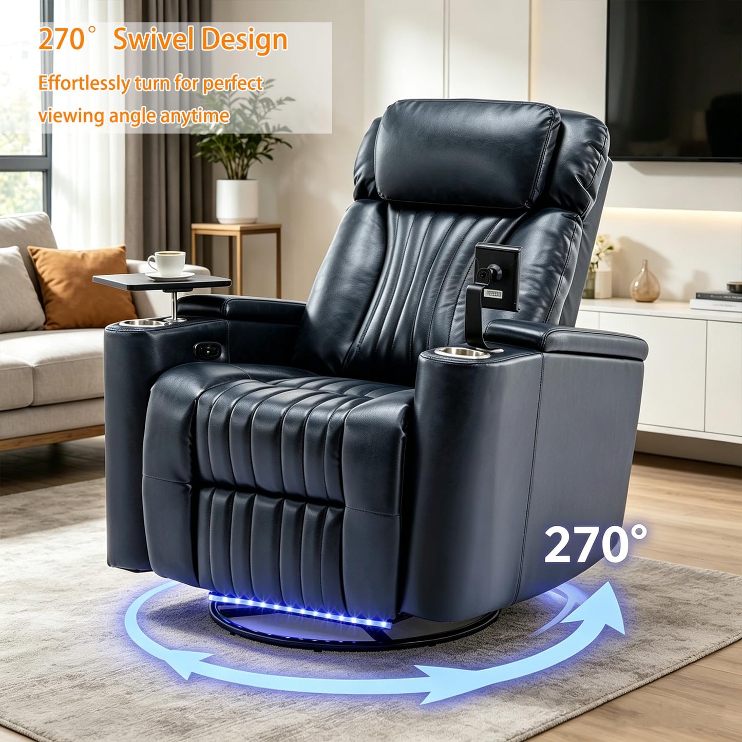 COSYTREE Home Theater Seating Power Recliner Chair, 270°Swivel PU Leather Theater Recliner with LED Ambient Lights, 360°Rotating Tray Table,USB Charging,Cup Holders & Hidden Arm Storage, Blue
