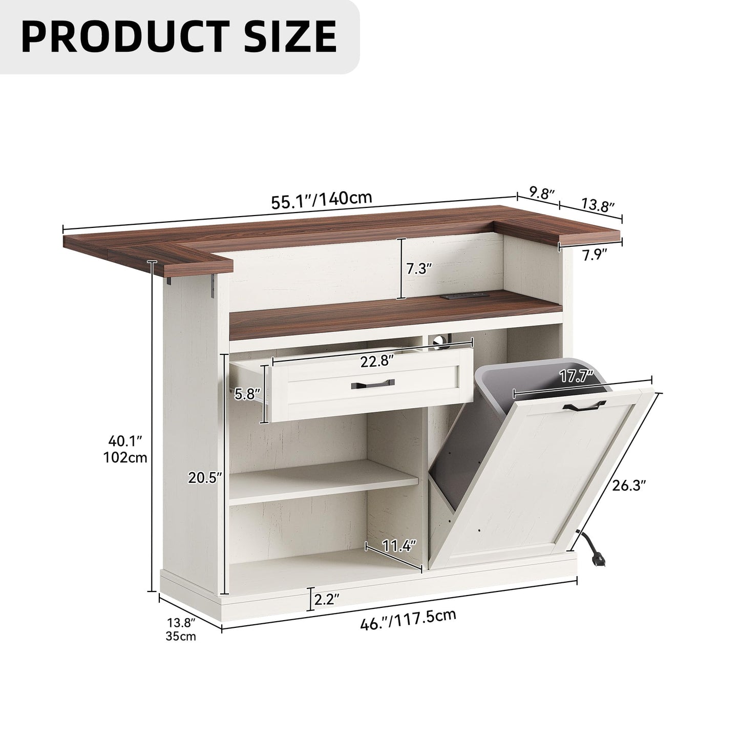 Homiflex Kitchen Island with Storage, Rolling Kitchen Islands with Storage, 55" W Large Island Table, Breakfast Bar Counter with Drop Leaf, Trash Can Cabinet, Power Outlet for Dining Room, Walnut