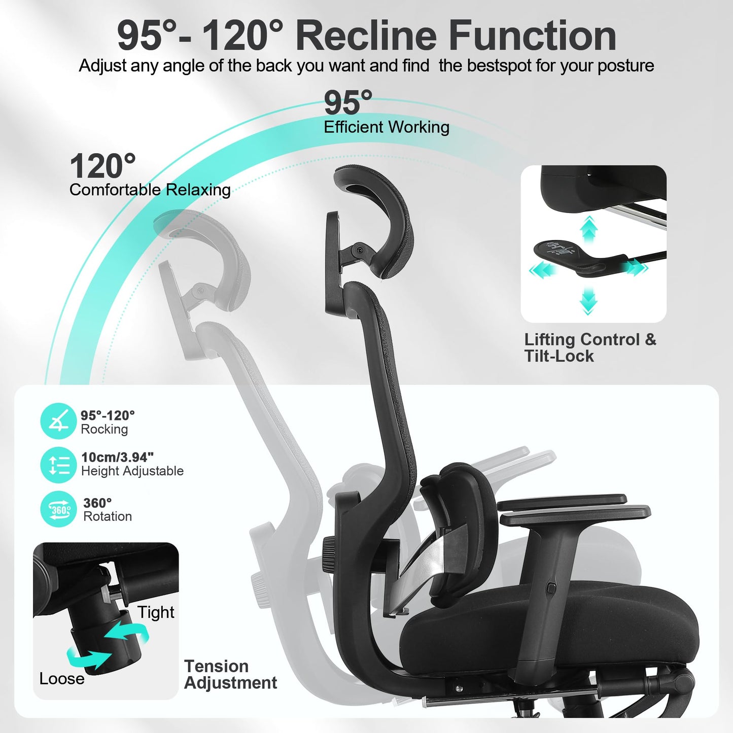 Ergonomic Office Chair with Footrest, Mesh Desk Chair with Adjustable Headrest & Armrests & Dynamic Floating Wing Lumbar Support, High Back Computer Chair for Home Office, BIFMA Certified, Black