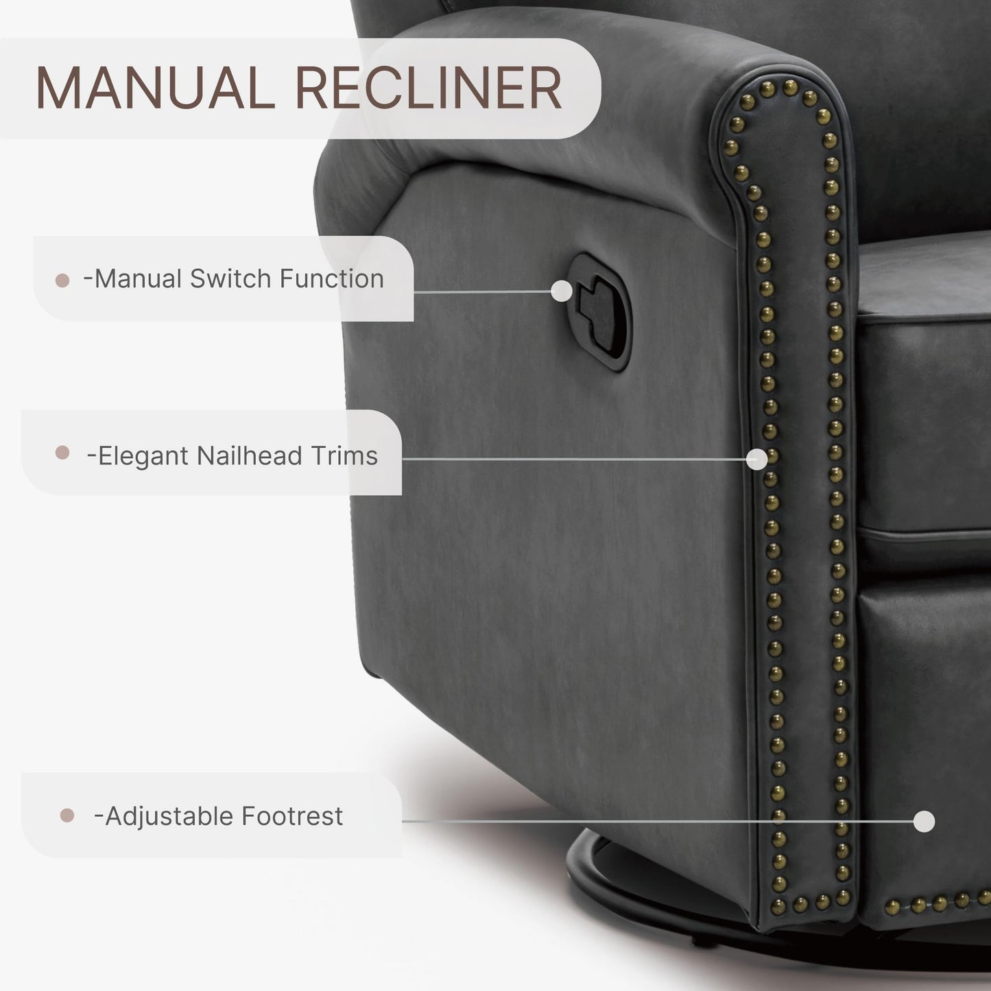 KISLOT Large Leather Recliner Chair Faux Swivel Rocker for Adults Manual Sofa for Living Room Bedroom Home Theater Seating