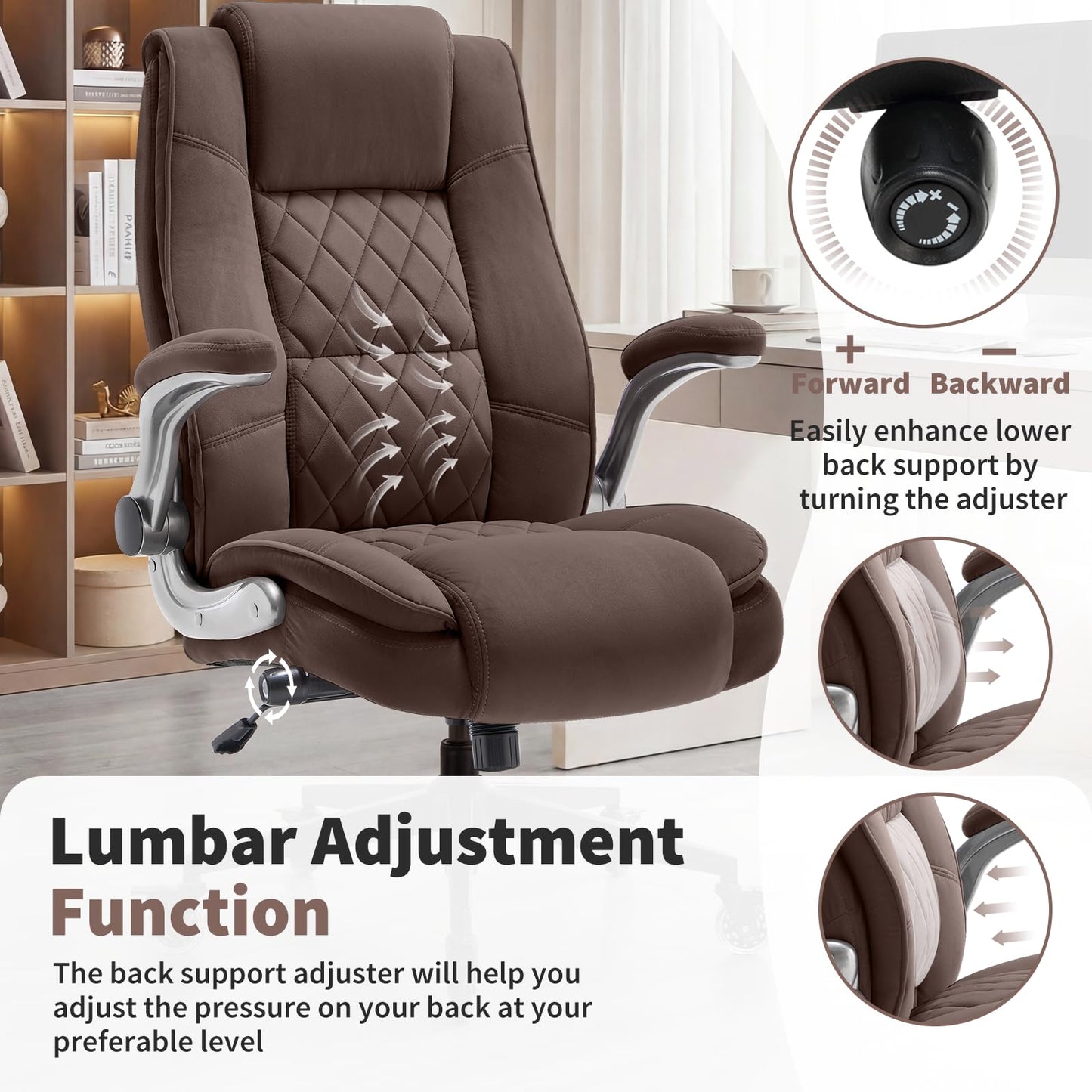 Fabric High Back Office Chair with Lockable Quiet Casters, Thick Padded Ergonomic Computer Chair- Adjustable Lumbar Support & Flip-Up Arms, Wide Executive Desk Chair for Back Pain, 400LBS Capacity