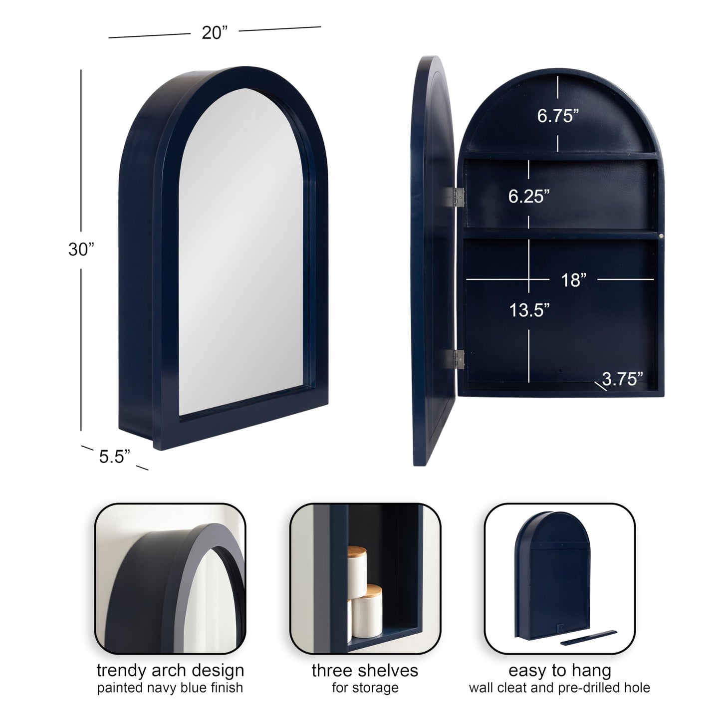 Kate and Laurel Arcott Modern Arched Bathroom Cabinet with Mirror, 20 x 6 x 30, Navy Blue, Coastal Wooden Bathroom Mirror with Storage for Bath Medicine Cabinet or Over-the-Toilet Storage Option