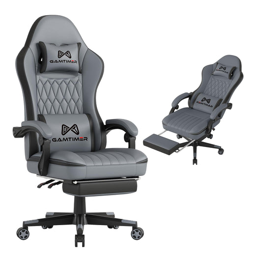Gamtimer Gaming Chair with Footrest, Ergonomic Computer Chair, PU Breathable Material with Headrest and Lumbar Support, Suitable for Silla Gamer and Adults（Grey）