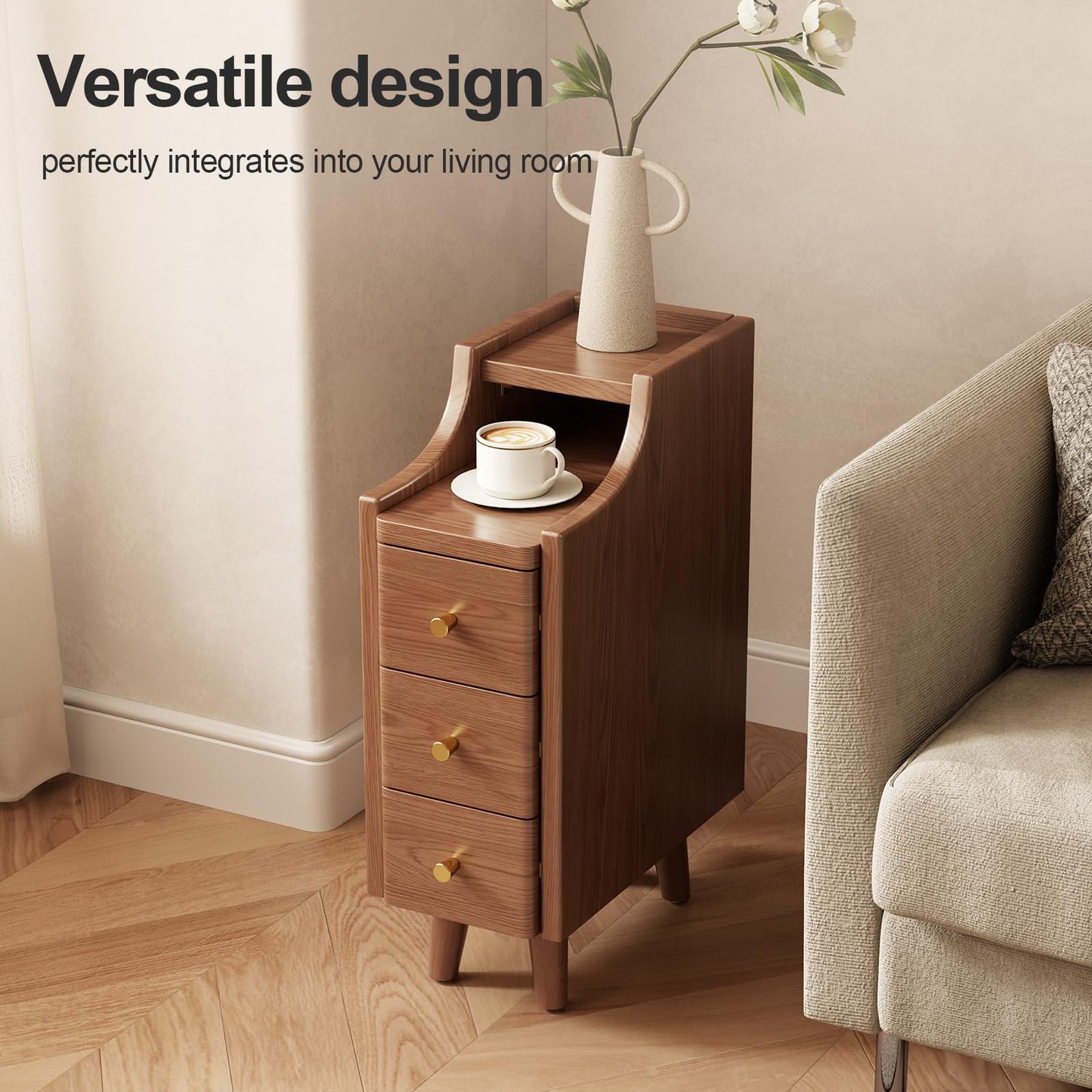 Solid Wood Narrow Nightstand with Drawers,Walnut Nightstand Wood Bedside Table Modern for Bedroom,Study,Toilet