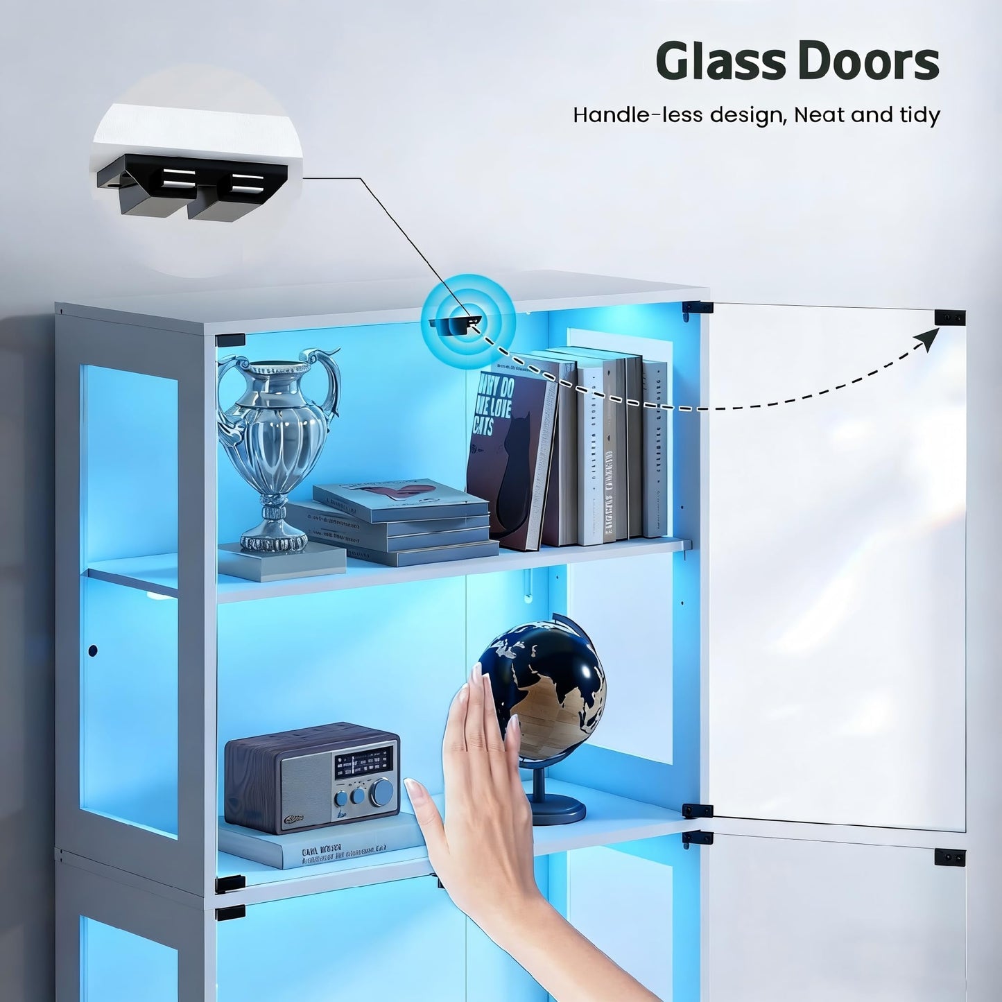 Lamtor Display Cabinet with Glass Doors - 67" Curio Cabinet for Collectibles with RGB LED Lights and 2 Drawers, 4 Tier Glass Display Case for Living Room, Office, White
