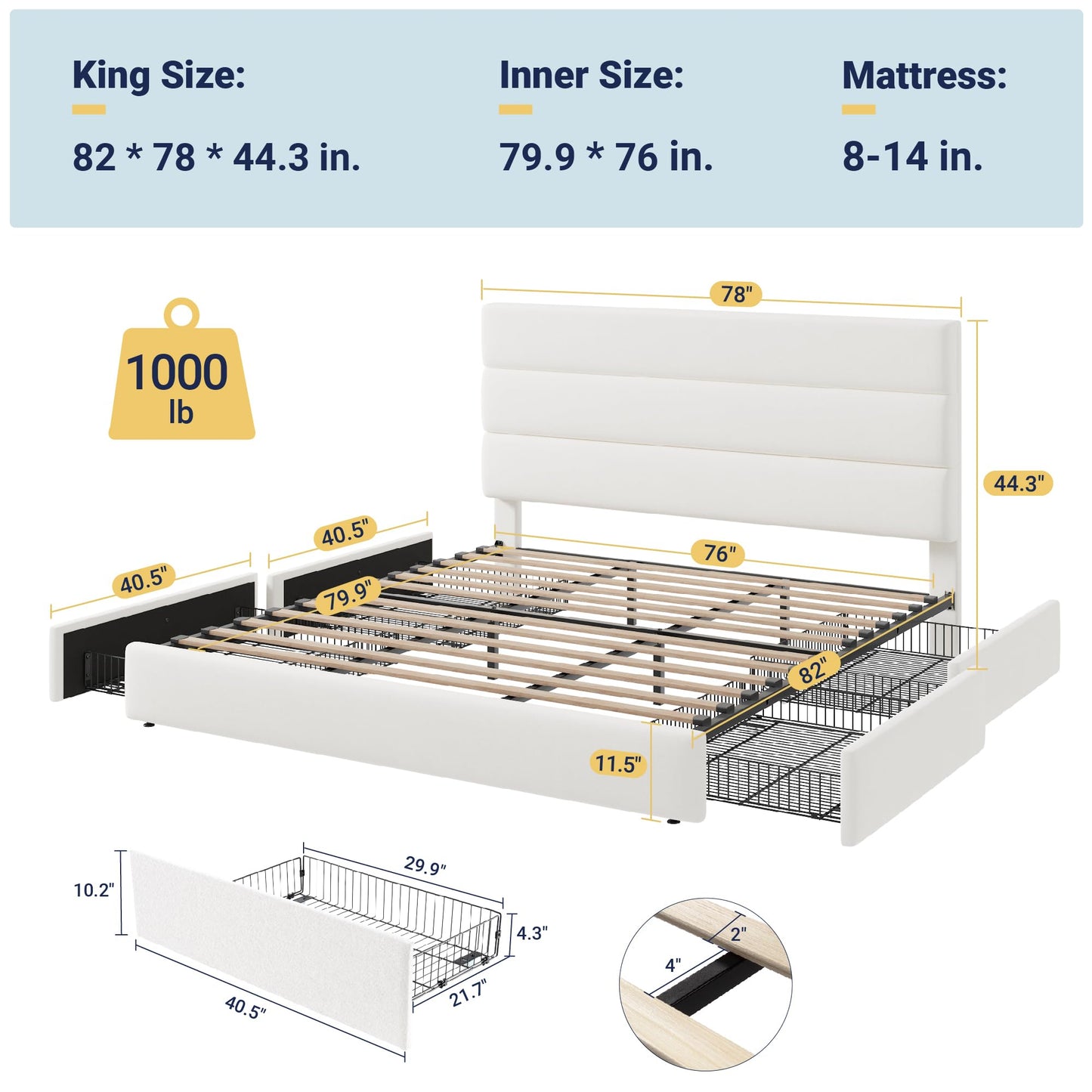Allewie Modern King Size Platform Bed Frame with 4 Storage Drawers and Velvet Upholstered Headboard, Wooden Slats Support, Upholstered Mattress Foundation/No Box Spring Needed/Easy Assembly, White