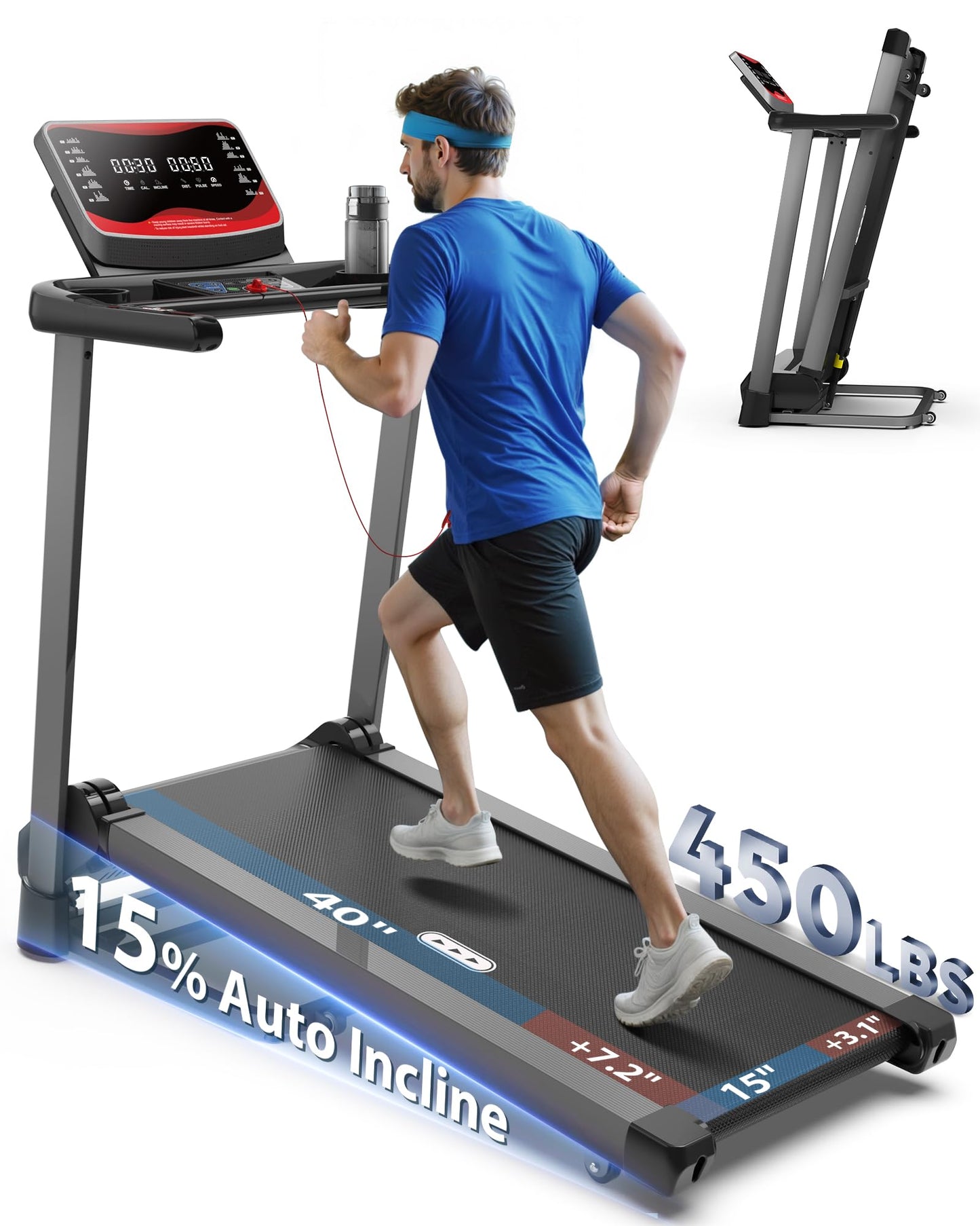 CIIHI Treadmill with Auto Incline - 450 LBS Capacity 15% Auto Incline Treadmill for Home, 0.5-10 MPH Foldable Running Machine with 47.2”x18.1” Belt, APP, Speaker, Speed & Incline Quick Button