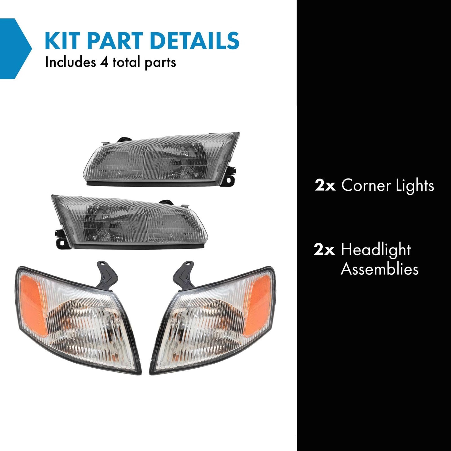 TRQ Headlight Assembly Set for 1997-1999 Toyota Camry, Model LKA55913, Includes Driver & Passenger Side Lights