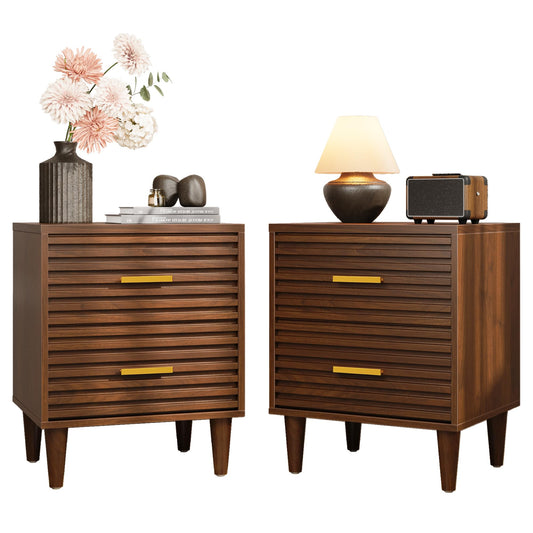 Alohappy Nightstands Set of 2, Mid Century Modern Night Stands, Fluted Bedside Table for Bedroom, Side End Table with Storage Drawers, Vintage Wood Accent Table for Living Room, Brown 2pcs