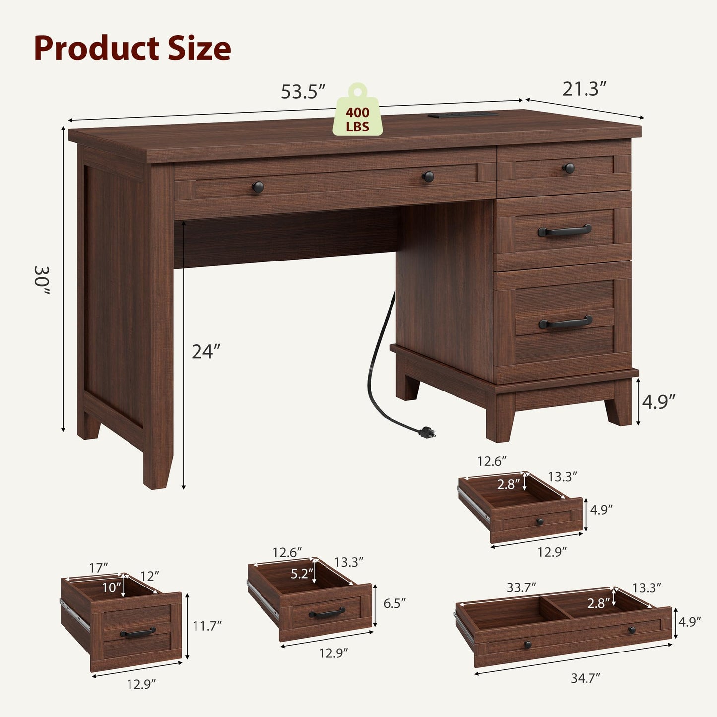 IDEALHOUSE 53.5" Farmhouse Computer Desk with Charging Station, Rustic Black Home Office Executive Desk, Wooden Workstation with File Cabinet Storage Drawers for Writing & Study, Rustic Brown