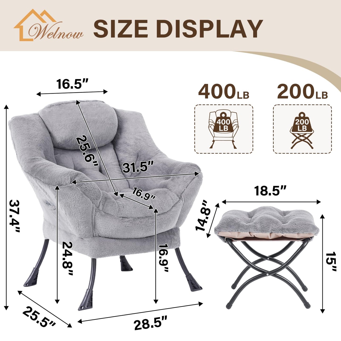 Welnow Lazy Chair with Ottoman, Modern Accent Chair with Armrests and a Side Pocket, Leisure Sofa Armchair, Reading Armchair with Footrest for Small Space, Plush Grey