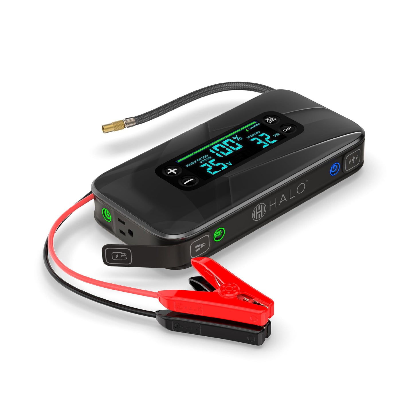 Halo Bolt Ultimate 3 Portable Car Battery Jump Starter | 130 PSI Air Compressor, 55.5Wh USB Power Bank, Large Display, Emergency Floodlight & Charger, Jumps Cars SUVs & Trucks, Inflates Tires — Black