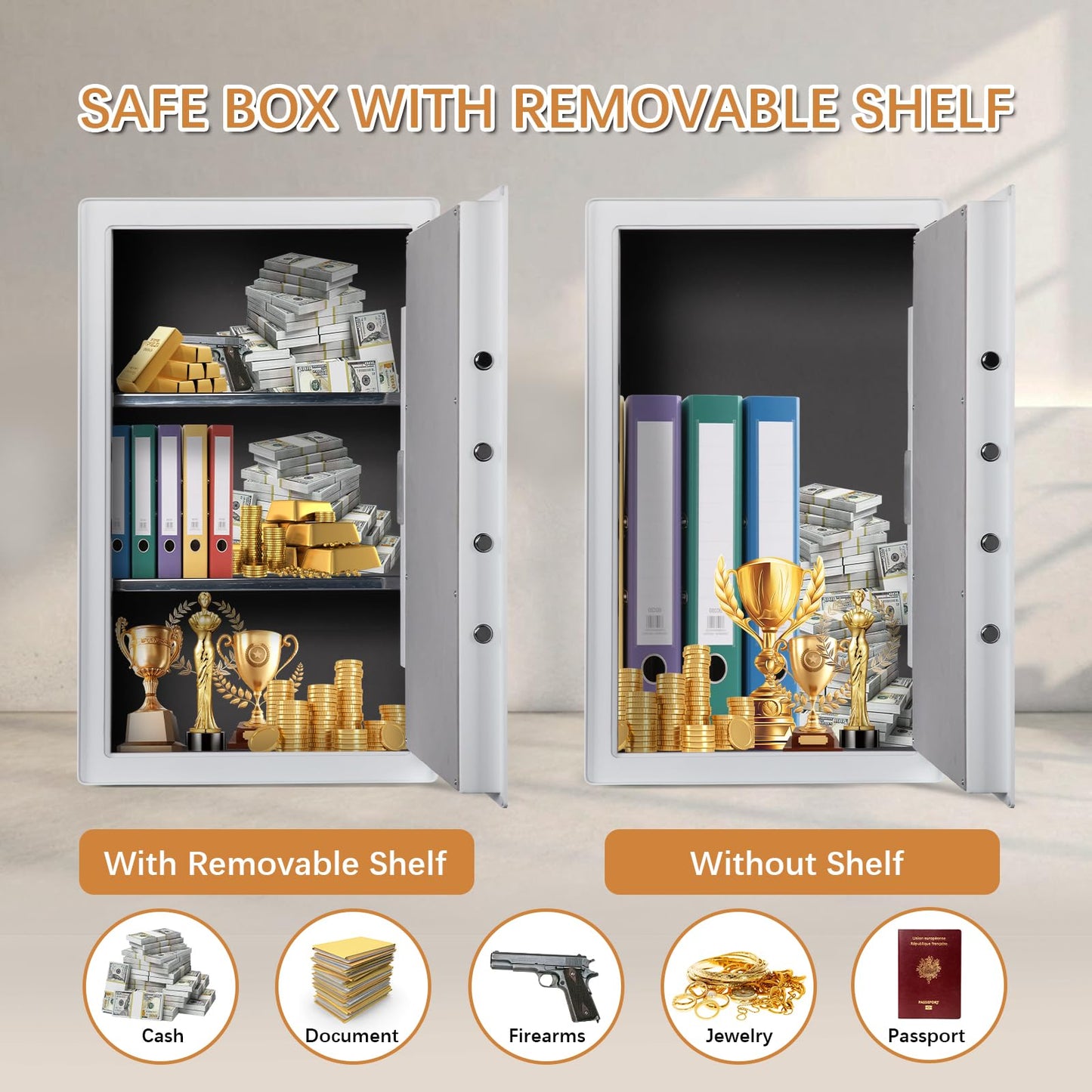 VALINIRT 4.7 Cu.Ft Large Home Safe,with Fireproof Waterproof Bag, Heavy Duty Fingerprint Security Safe, Built-In Drawer and Removable Shelf for Storing Valuables