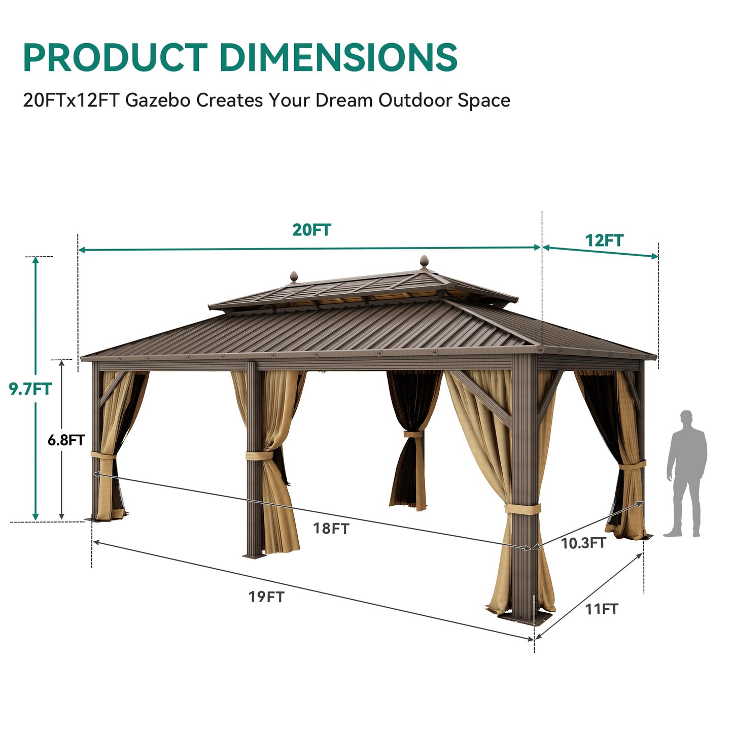 YITAHOME 12X20FT Hardtop Gazebo Double Roof Canopy Galvanized Iron Aluminum Pillar Garden Tent Curtains Netting for Patios Backyards Decks Lawns