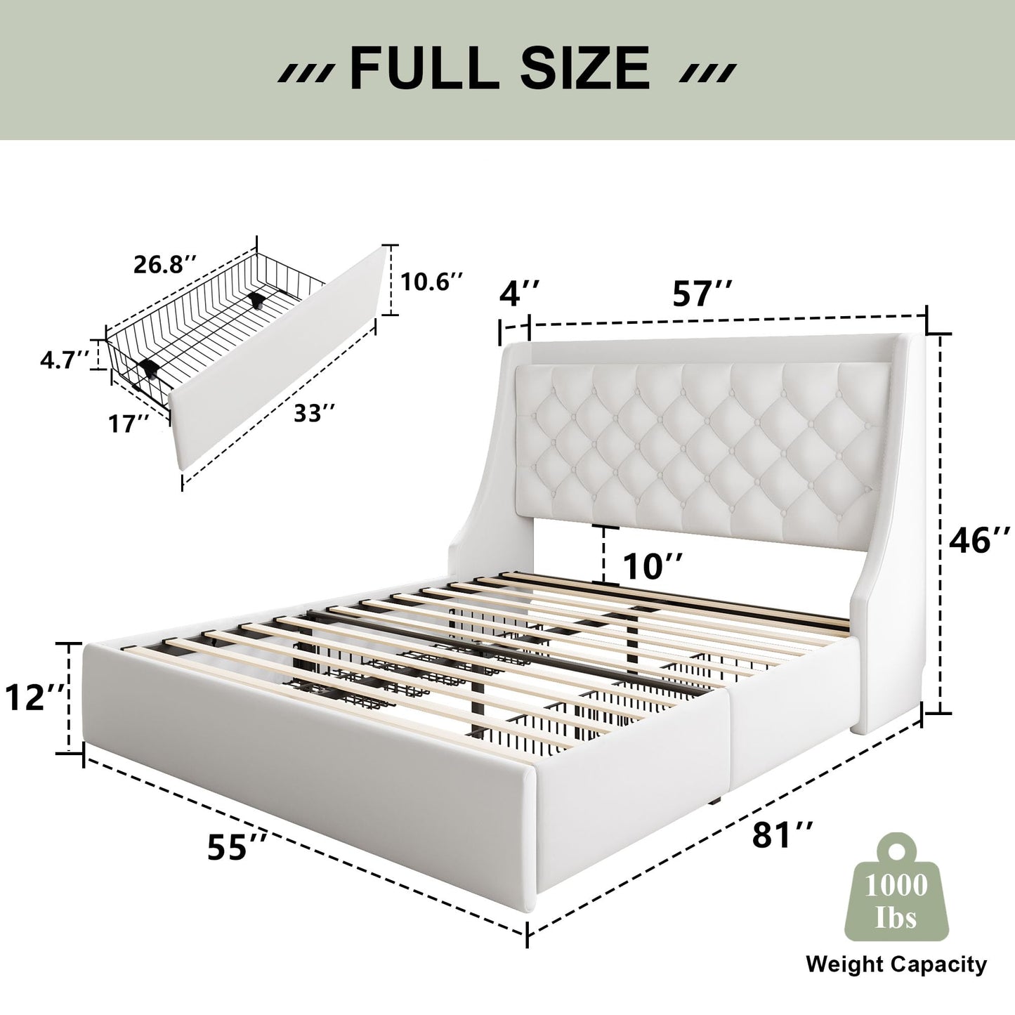 Feonase Upholstered Full Size Bed Frame with 4 Storage Drawers, Charging Station, Tufted Wingback Storage Headboard, No Box Spring Needed, Easy Assembly, White