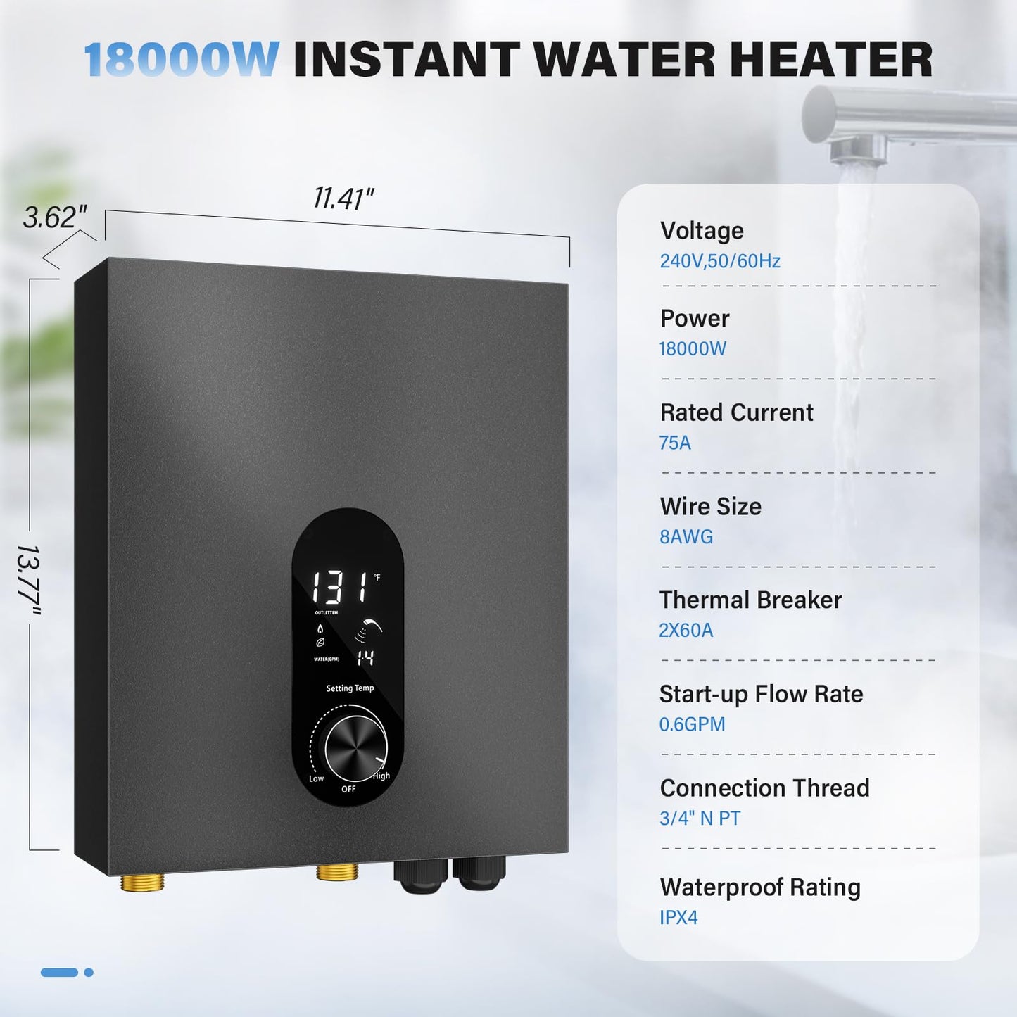 Tankless Water Heater Electric 18KW Instant Hot Water Heater Under Sink, Point of Use Water Heaters with Digital Display for Kitchen Bathroom