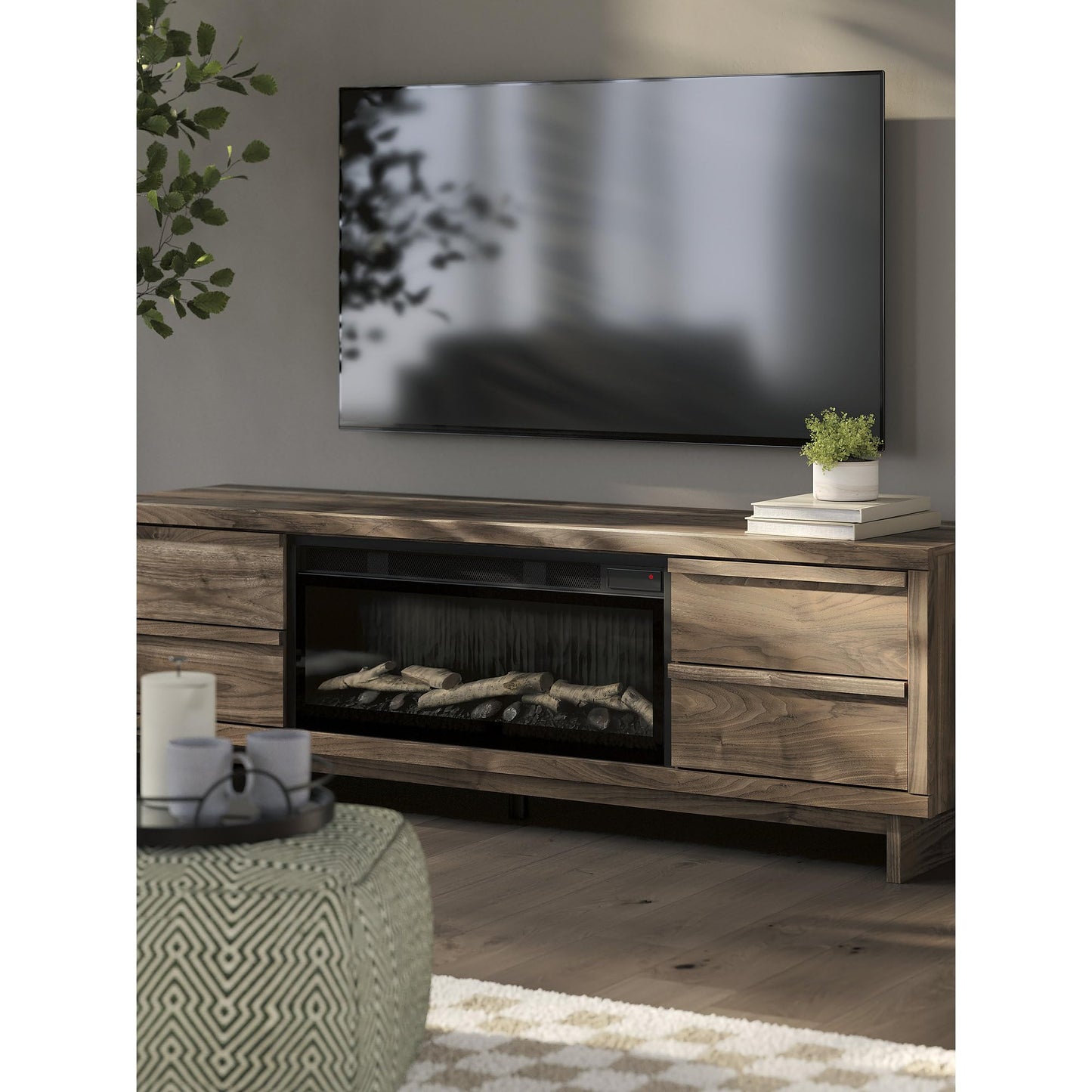 Signature Design by Ashley Zadilyn Mid-Century Modern 72" TV Stand with Electric Fireplace for TVs up to 82", Dark Brown