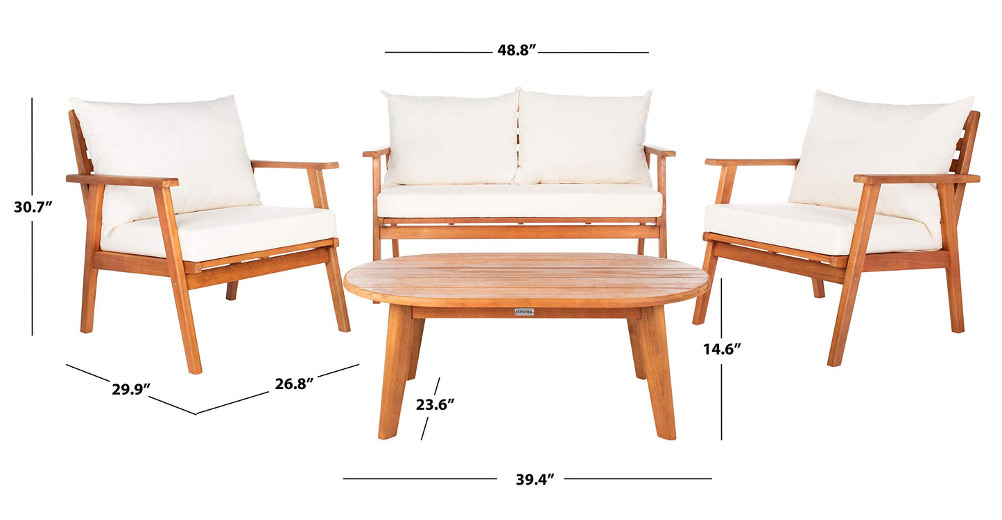 SAFAVIEH Outdoor - Deacon 4-Piece Conversation Set - Brown & Beige - Solid Wood - Coastal Slatted Design with Cushions - Ideal for Patio, Deck, Porch, Backyard (PAT7050A)