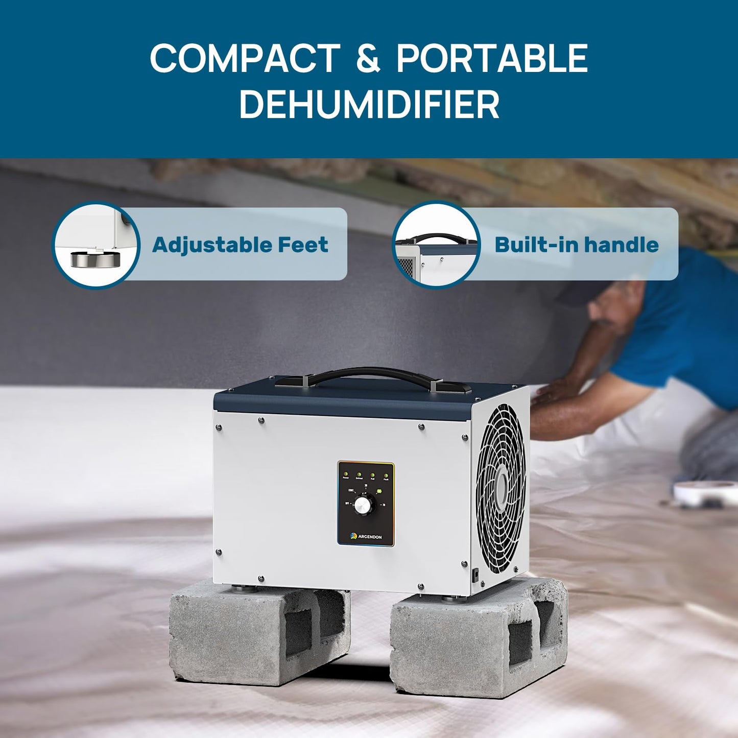 ARGENDON Dehumidifier for Crawlspace Basement, Commercial Dehumidifier with Drain Hose 70 PPD, Compact, Ideal for Water Damage Storage Up to 1000 Sq Ft, 5-Year Limited Warranty