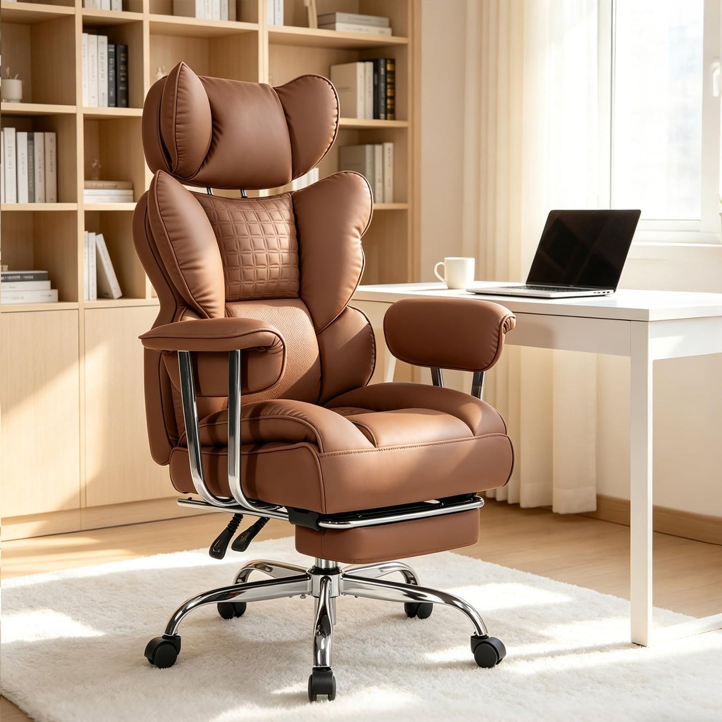 Big and Tall Office Chair 350 LBS, Scratch-Resistant PU Leather Executive Office Desk Chair with Footrest, Ergonomic Reclining Computer Chair with Pocket Spring Support for Home Office, Brown