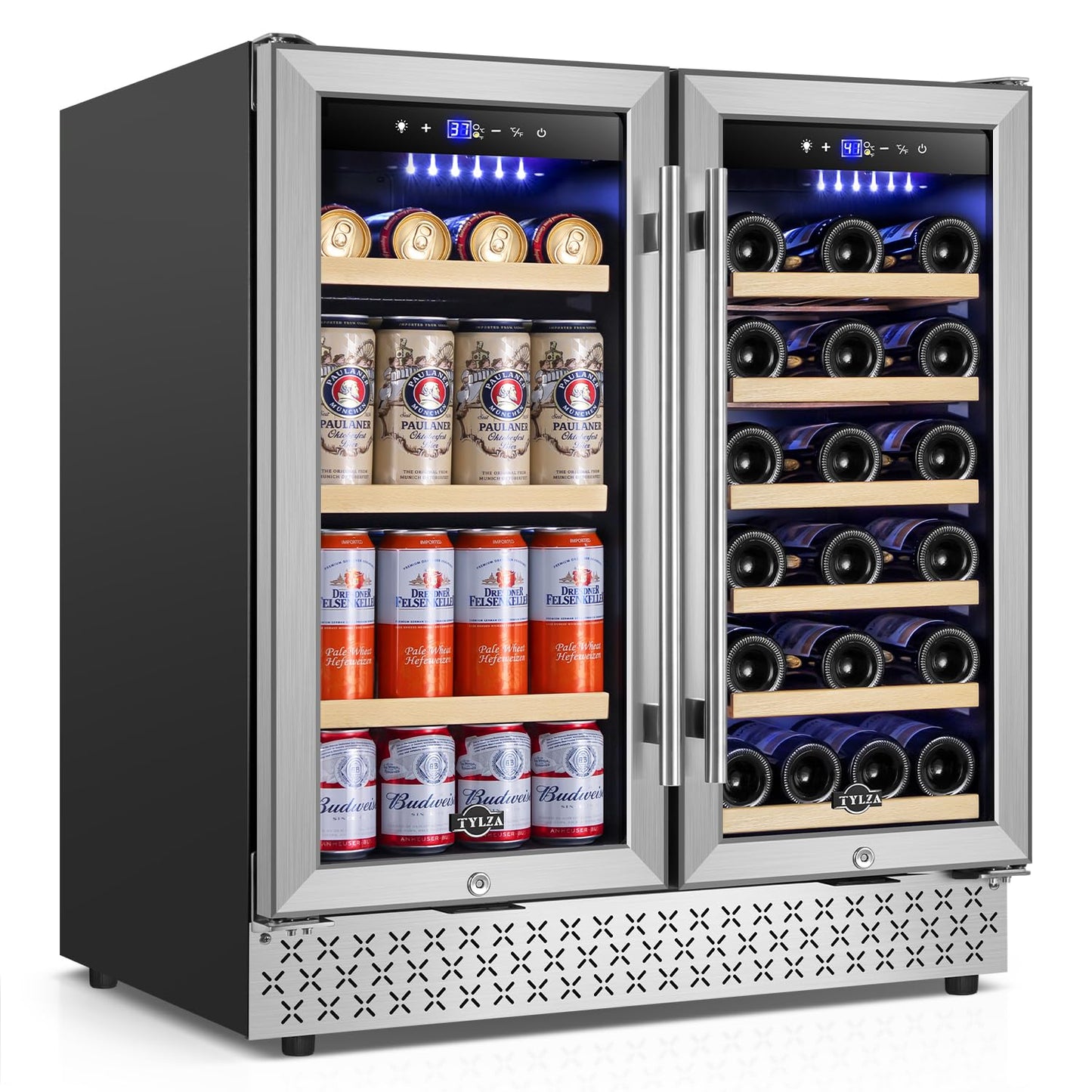 Tylza 30 Inch Wine and Beverage Refrigerator, Dual Zone Wine Beverage Cooler 30" with French Door, Under Counter Wine Beer Fridge Built-In or Freestanding, Holds 29 Bottles and 110 Cans TYBC200