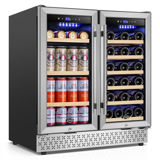 Tylza 30 Inch Wine and Beverage Refrigerator, Dual Zone Wine Beverage Cooler 30" with French Door, Under Counter Wine Beer Fridge Built-In or Freestanding, Holds 29 Bottles and 110 Cans TYBC200