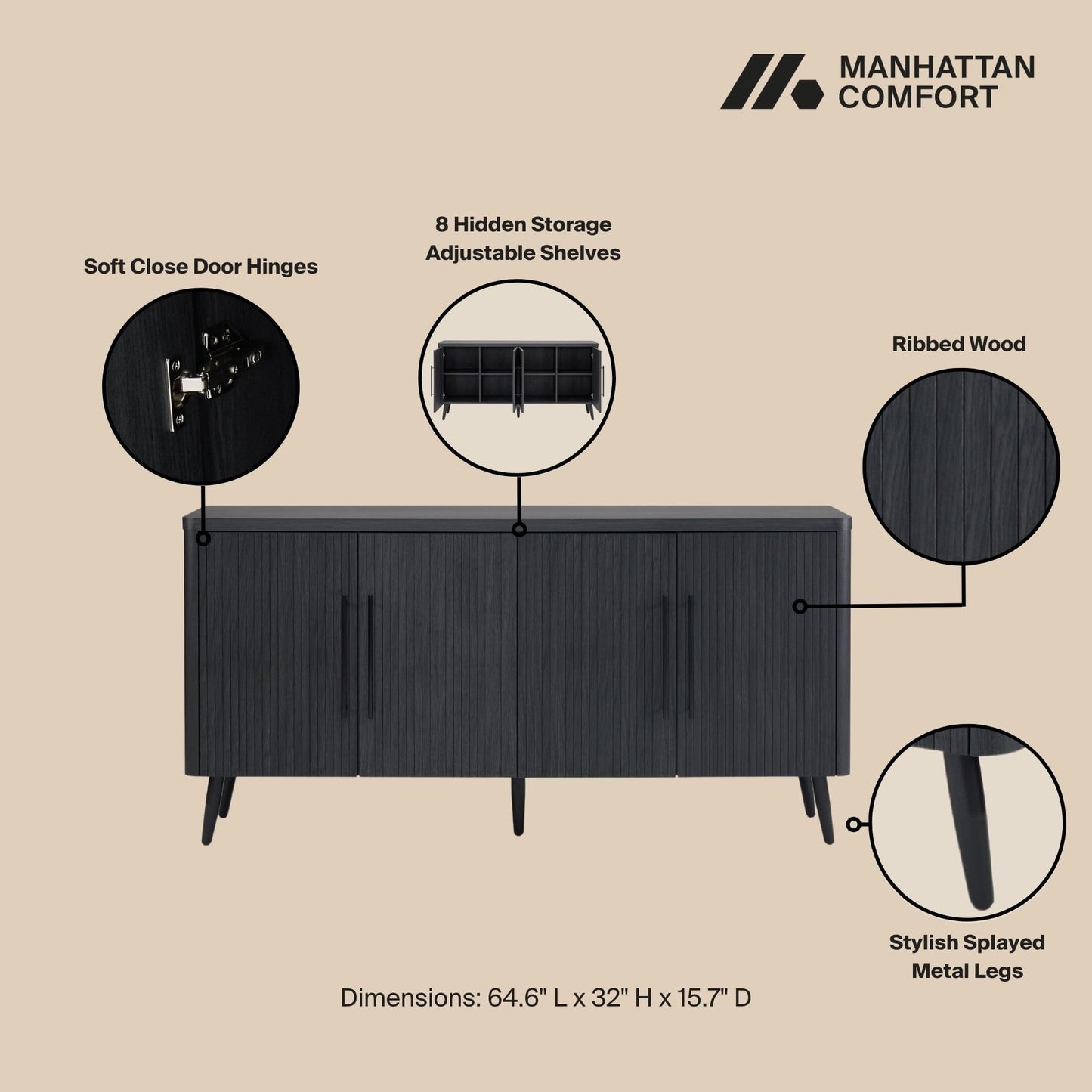 Manhattan Comfort Jodie 64" Sideboard Cabinet with Storage, Ribbed Soft-Close Doors & 8 Adjustable Cubby Shelves, Mid Century Modern Buffet Table for Entryway, Living Room or Office, Charcoal Grey