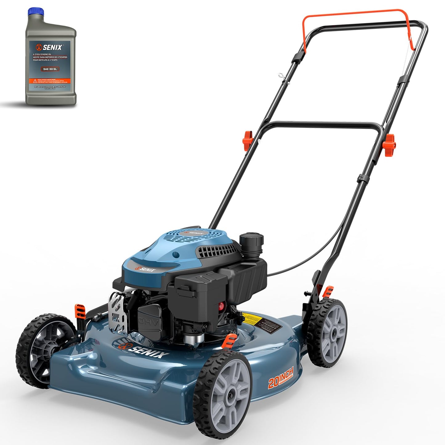 SENIX 20 inch Gas Push Lawn Mower, 144 cc 4-Cycle OHV Engine Push Mower, Side Discharge, 5 Position Cutting Height Adjustment, Low Noise & Fuel-Efficient for Lawn, Yard and Garden (LSPG-L5)
