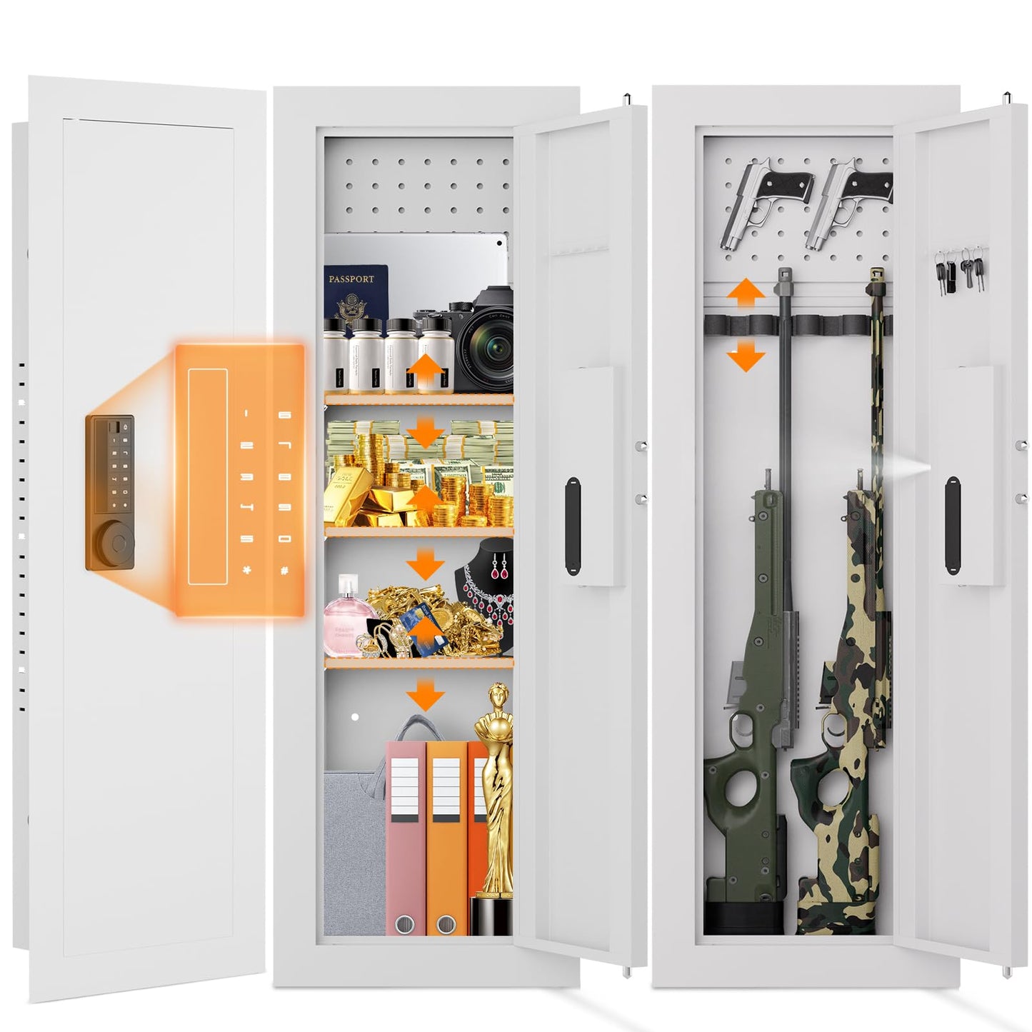 47.24" Wall Safe Between the Studs, Hidden Safe with Removable Pegboard, Wall Gun Safe with 3 Adjustable Shelves and Magnetic Slot (White-Digital)