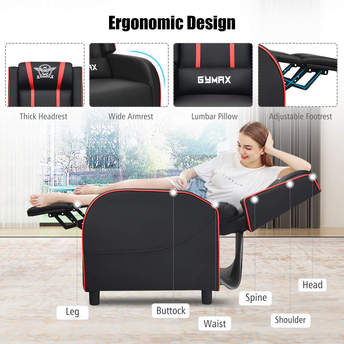 GLOBALWAY Gaming Recliner, Movie Theater Chair w/Adjustable Backrest & Footrest, Massage Lumbar Pillow, Racing Single Sofa, PU Leather Reclining Chair for Gaming Room, Home Theater (Red)