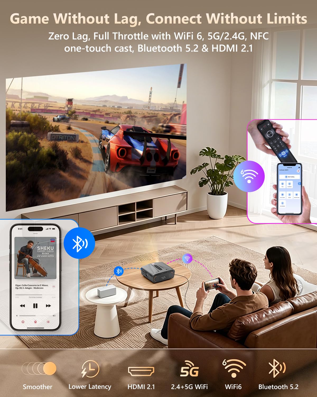 Daylight Projector 4K Ultra HD 2300 High ANSI Smart Home Theater with WiFi 6, Bluetooth, NFC, Streaming Apps, Bright Daytime Proyector, HDR10+, Auto Focus, HDMI 2.1 ARC USB for Movie Video Gaming