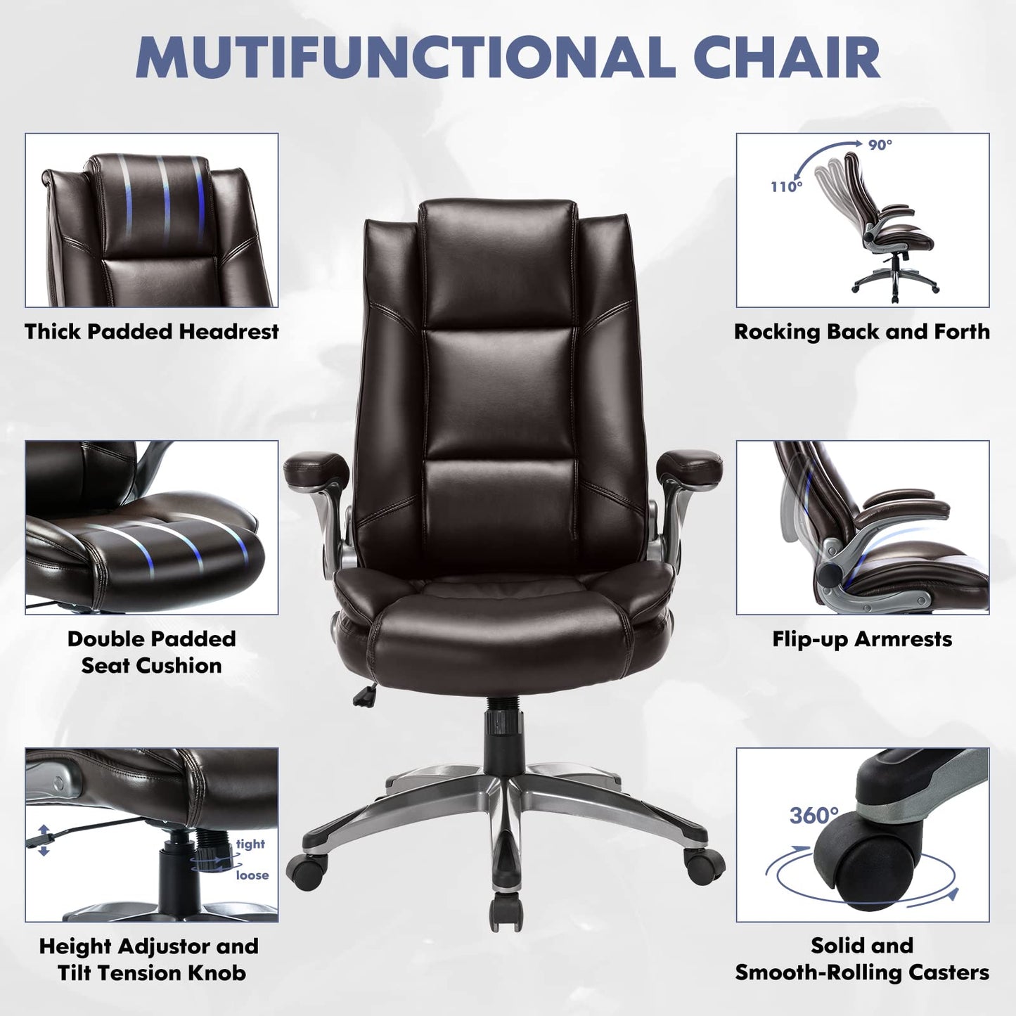 COLAMY Leather Executive Office Chair - High Back Ergonomic Home Computer Desk Chair with Padded Flip-up Arms, Adjustable Tilt Lock, Swivel Rolling Chair for Adult Working Study, Brown
