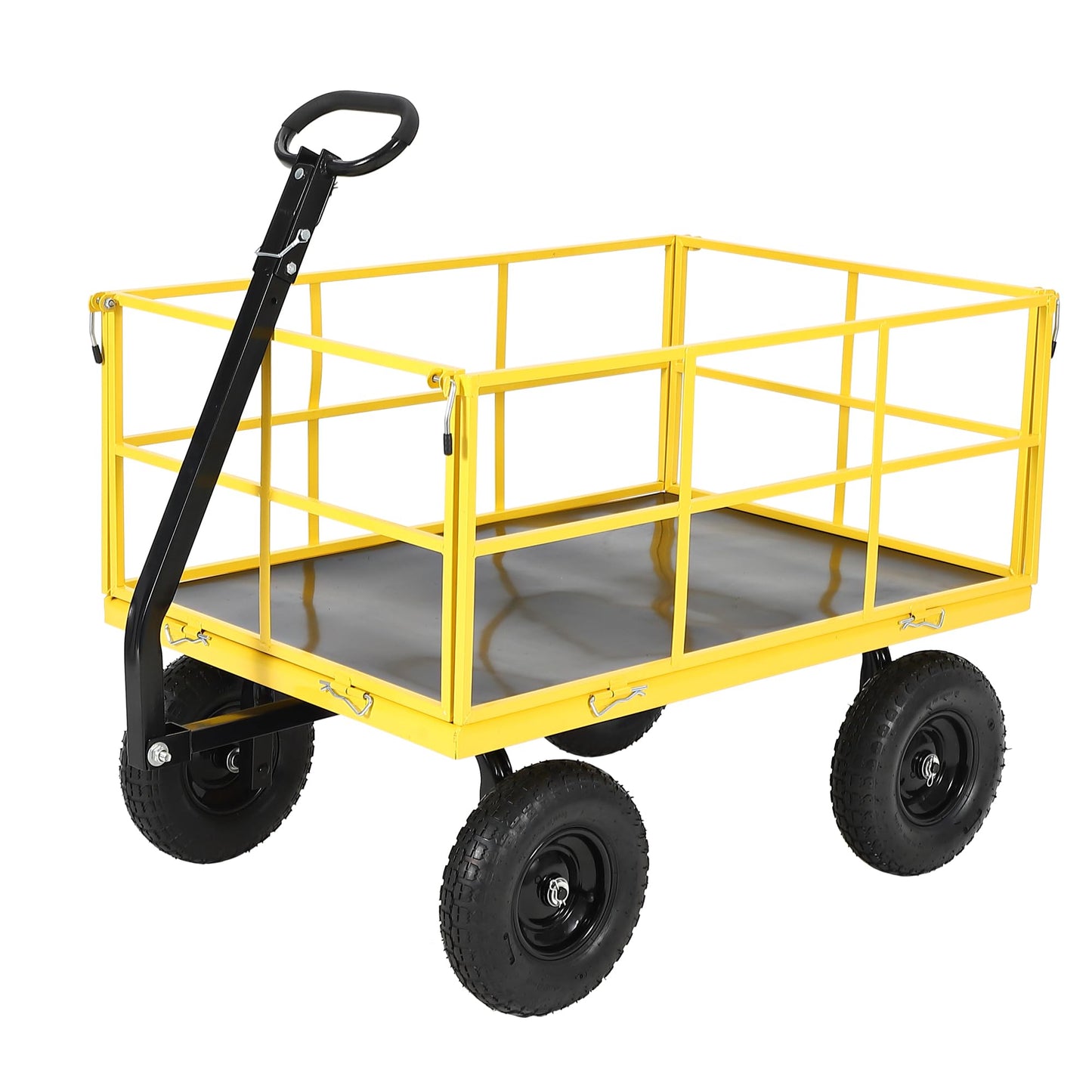 1500 lbs Steel Garden Cart, Folding Utility Wagon with Removable Sides, Garden Wagon Cart on Wheels, Metal Utility Wagon Yard Trailer with 13 in Tires180° and Swivel Handle, Yellow