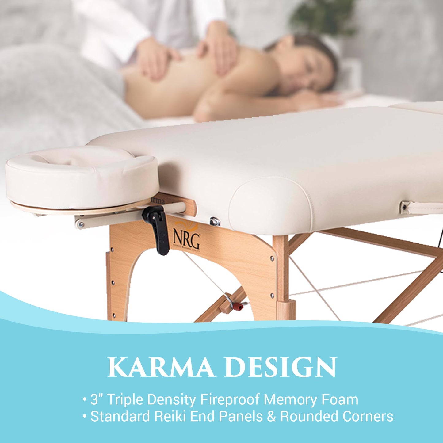 NRG Karma Portable Massage Table Package | Vanilla Cream | Folding Lightweight Massage Bed | Professional Spa Table with Face Cradle, Double Wheel Knobs & Carrying Case